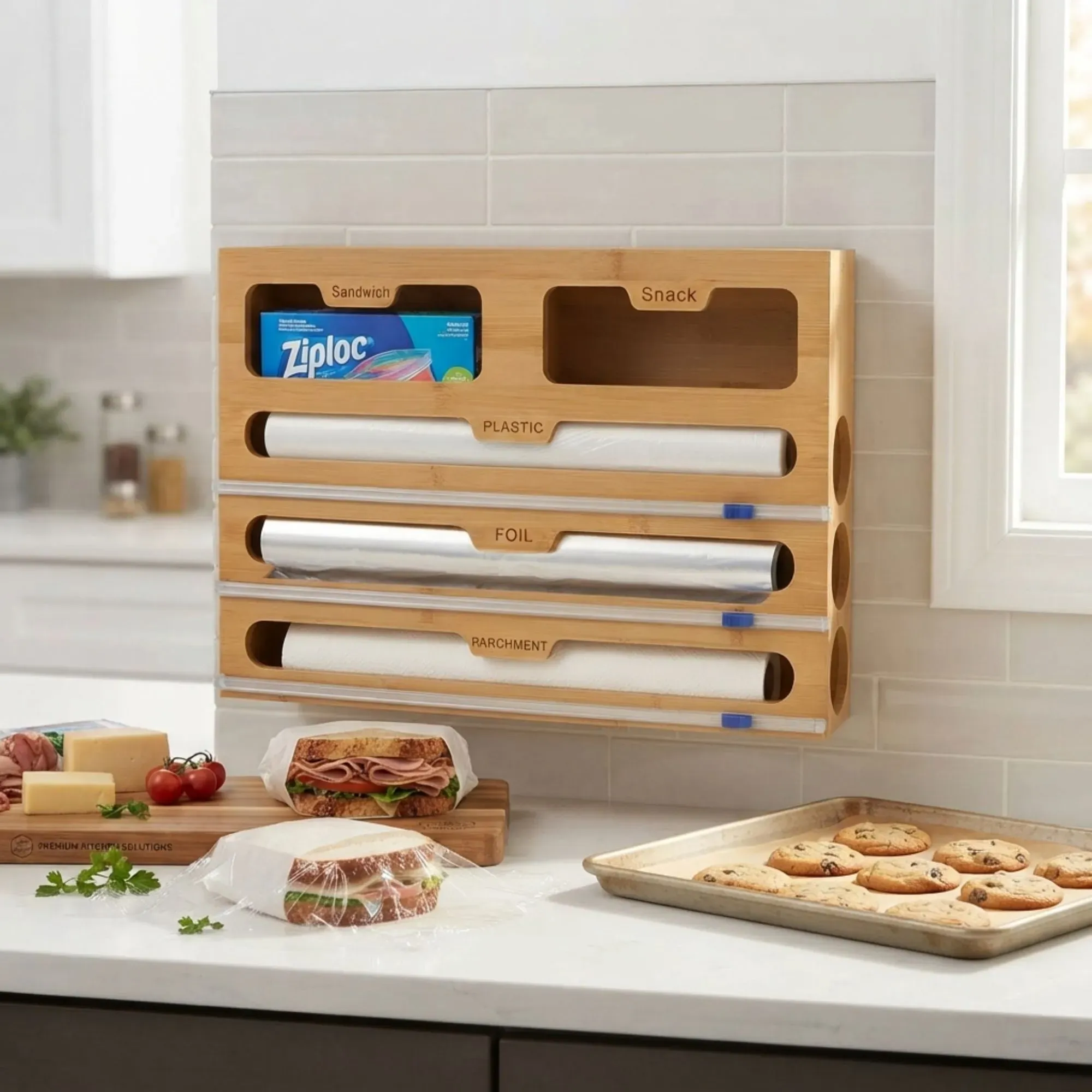 CARLA HOME Bamboo Wrap Organiser, 5 in 1 Dispenser with Cutter for Kitchen view 2