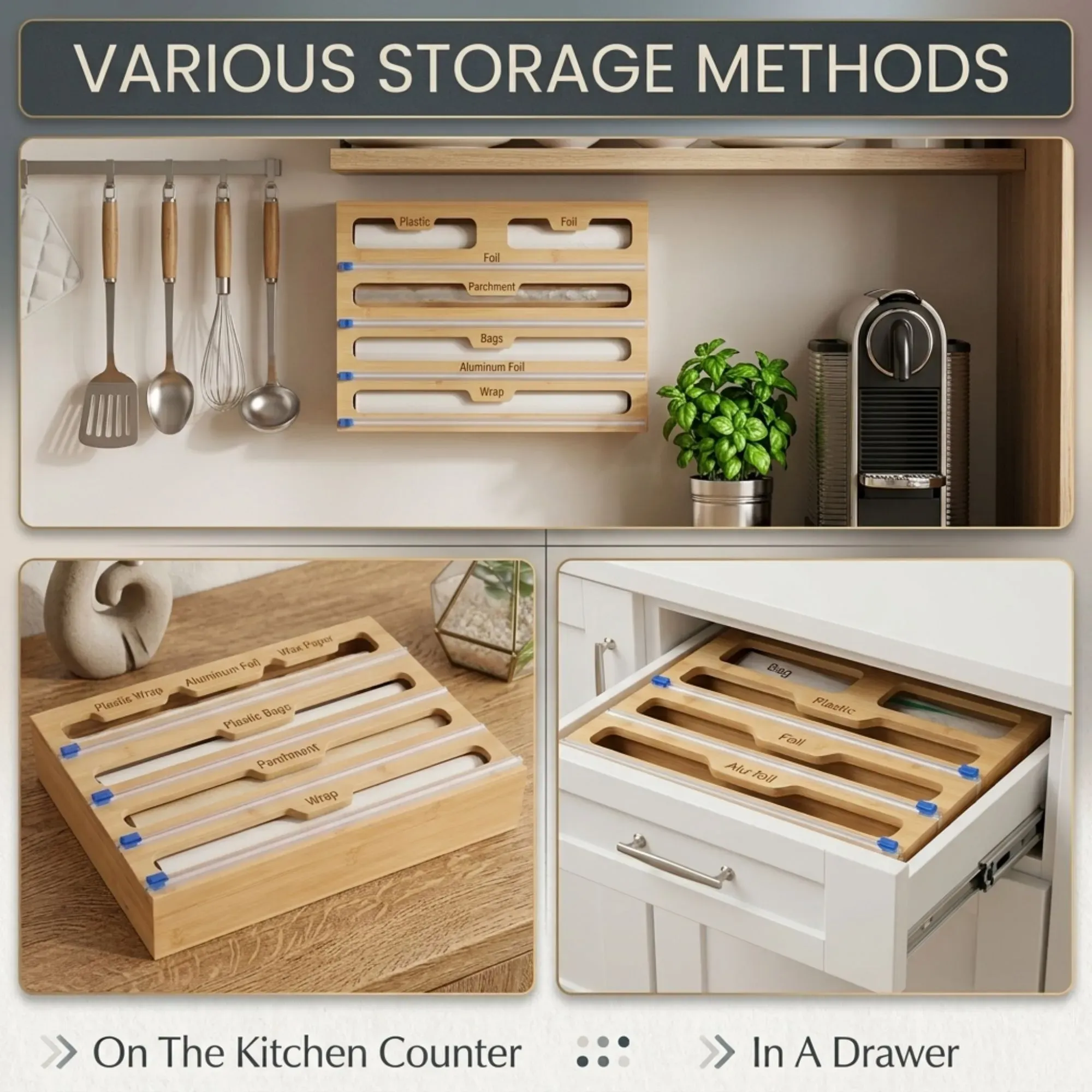 CARLA HOME Bamboo Wrap Organiser, 5 in 1 Dispenser with Cutter for Kitchen view 3