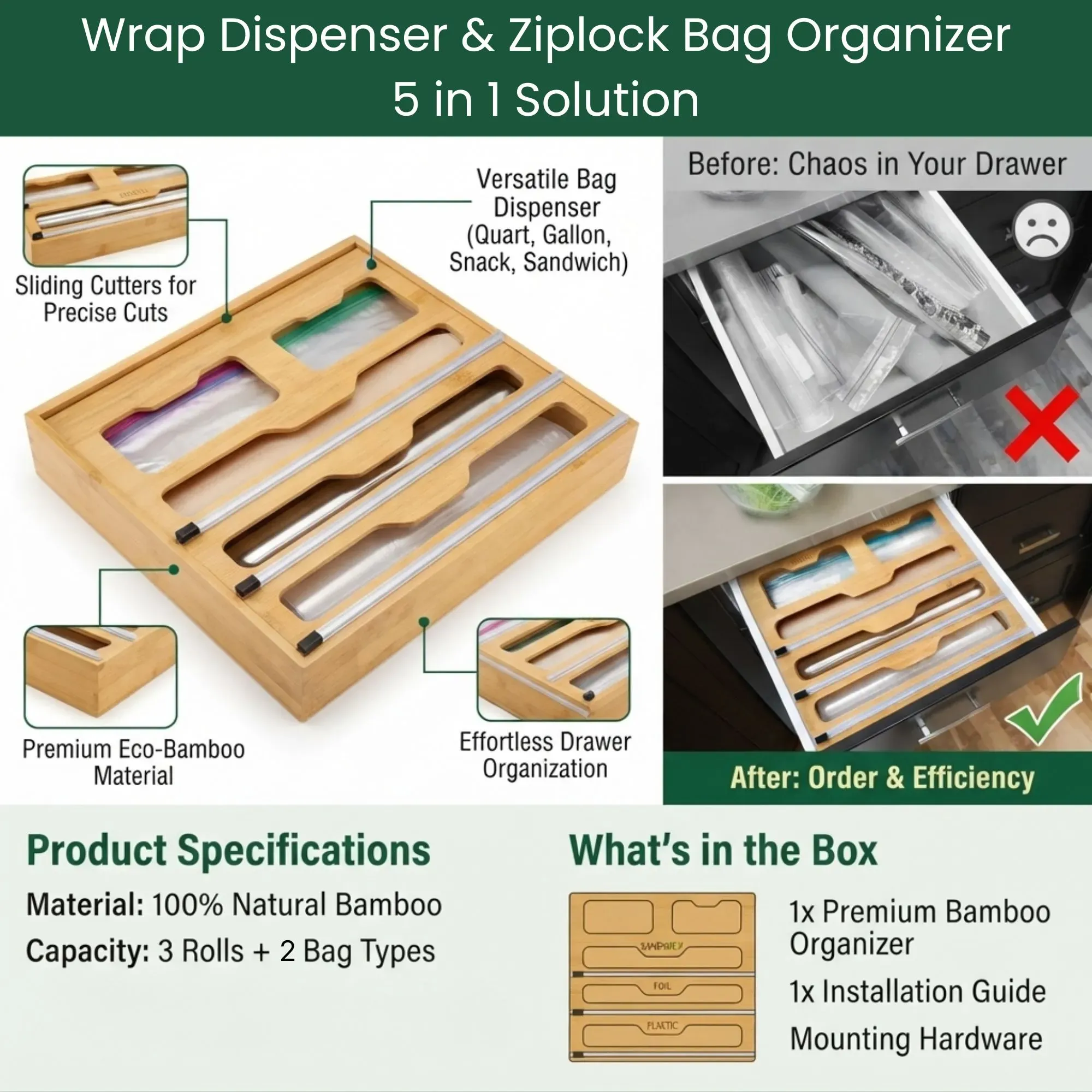 CARLA HOME Bamboo Wrap Organiser, 5 in 1 Dispenser with Cutter for Kitchen view 4