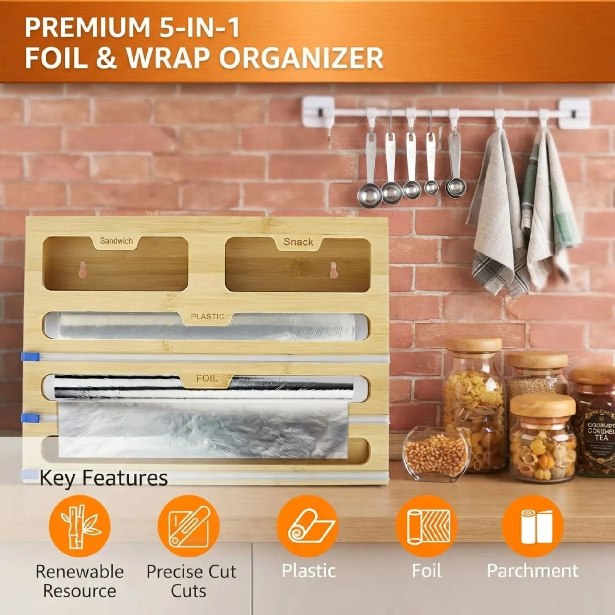 CARLA HOME Bamboo Wrap Organiser, 5 in 1 Dispenser with Cutter for Kitchen view 5