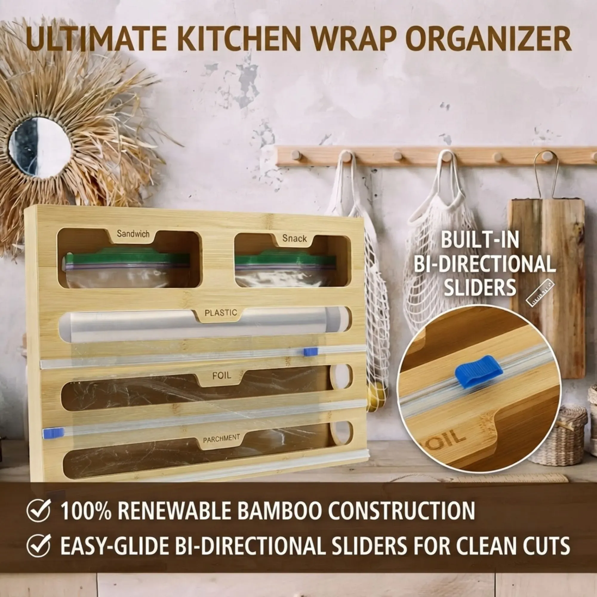 CARLA HOME Bamboo Wrap Organiser, 5 in 1 Dispenser with Cutter for Kitchen view 6
