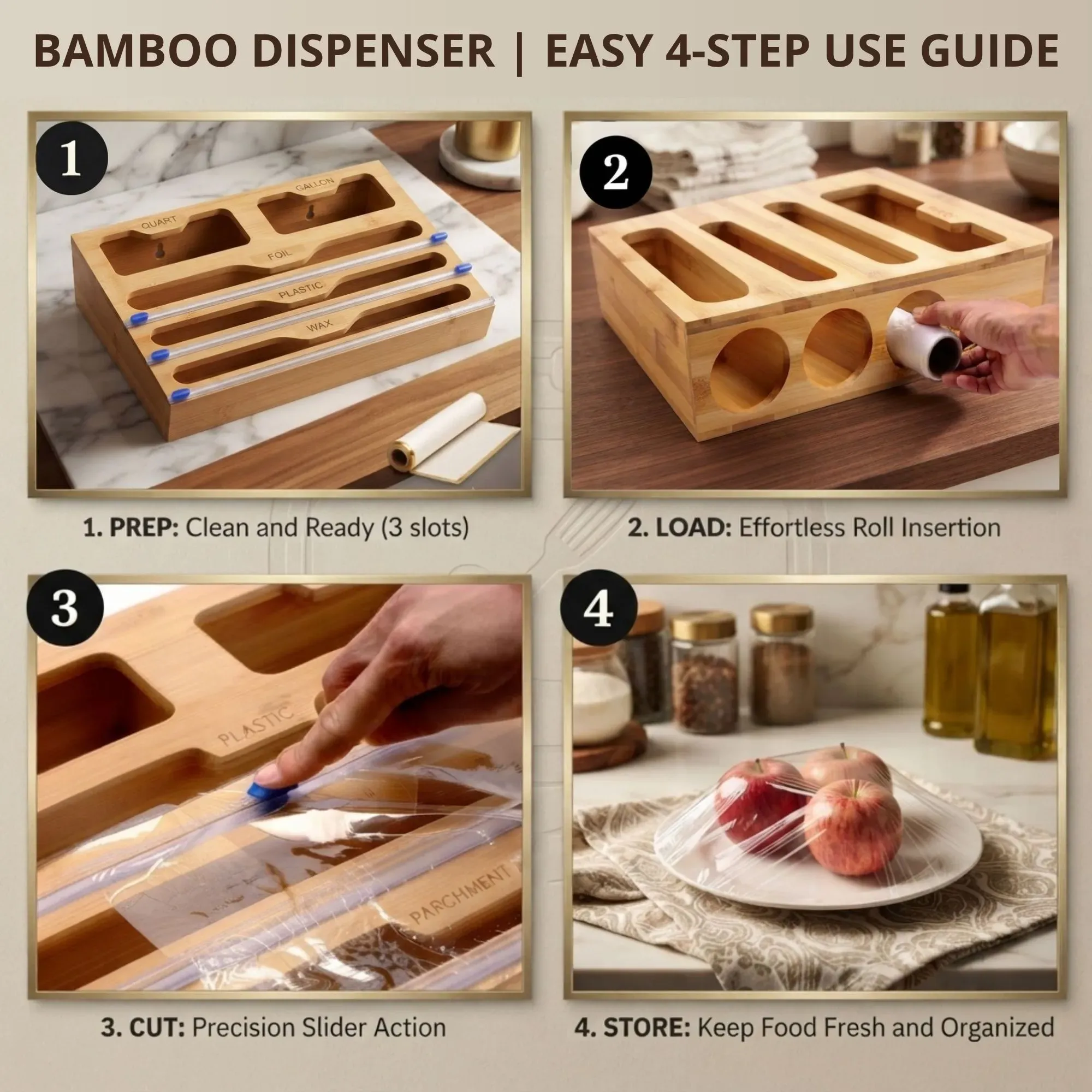 CARLA HOME Bamboo Wrap Organiser, 5 in 1 Dispenser with Cutter for Kitchen view 7