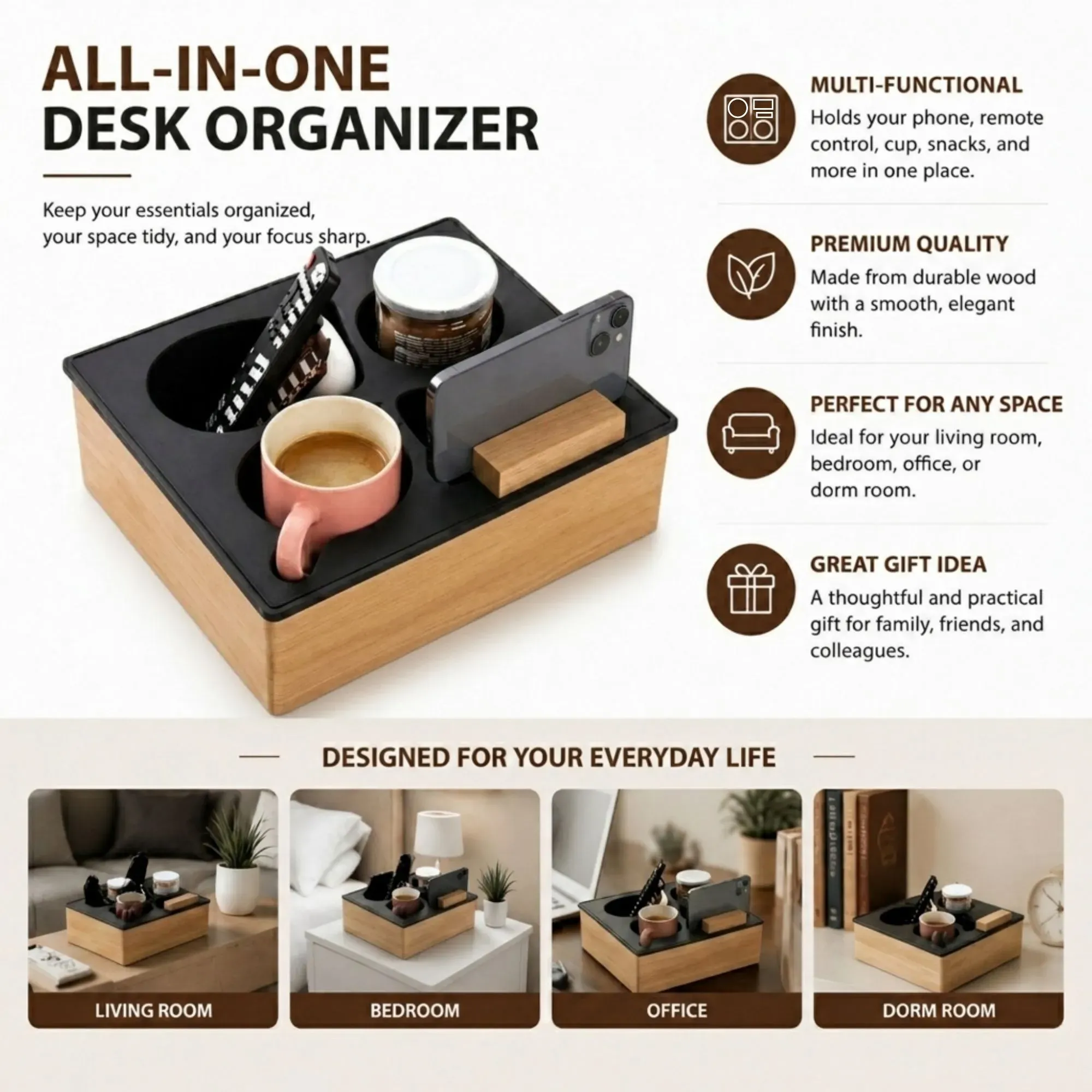CARLA HOME Couch Cup Holder Tray, Wood Sofa Caddy, Antislip , Living Room view 3