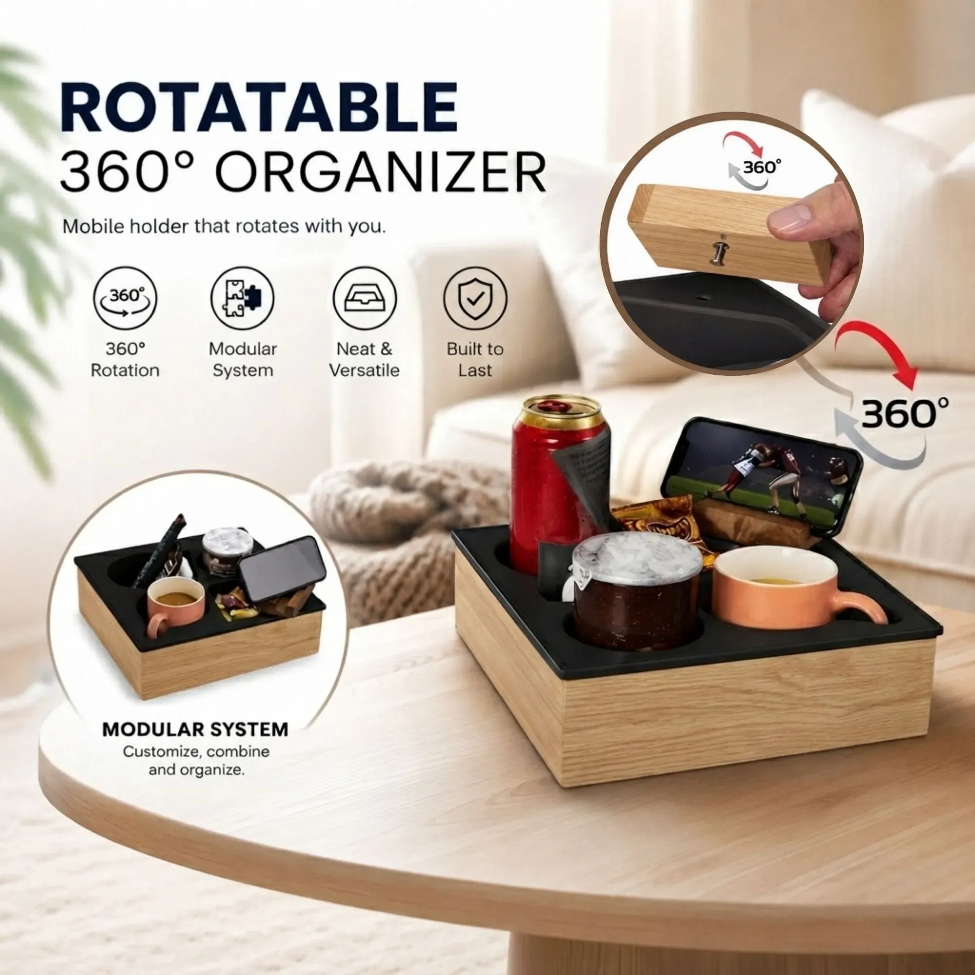 CARLA HOME Couch Cup Holder Tray, Wood Sofa Caddy, Antislip , Living Room view 4