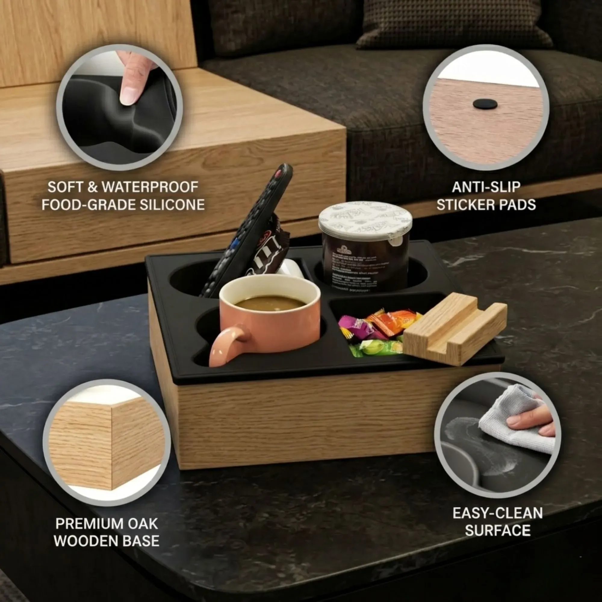 CARLA HOME Couch Cup Holder Tray, Wood Sofa Caddy, Antislip , Living Room view 5