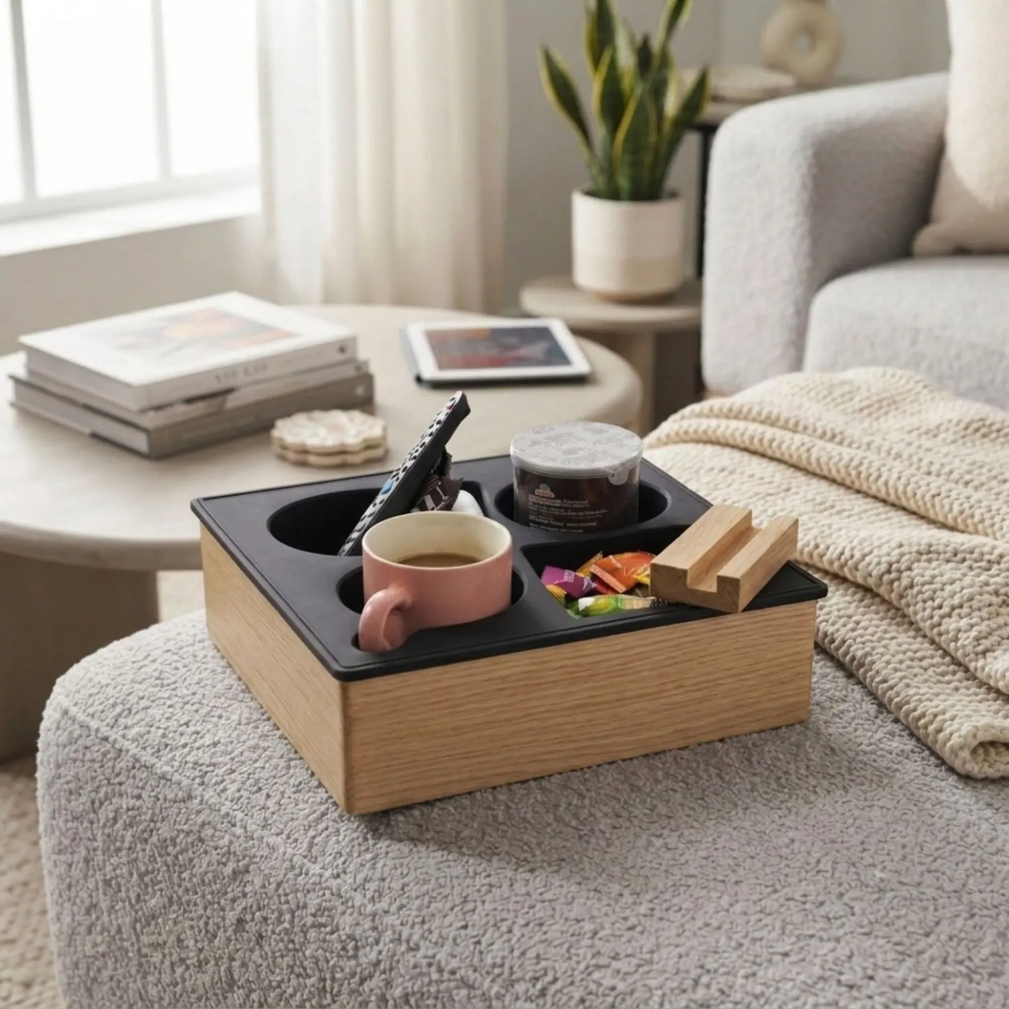 CARLA HOME Couch Cup Holder Tray, Wood Sofa Caddy, Antislip , Living Room view 6