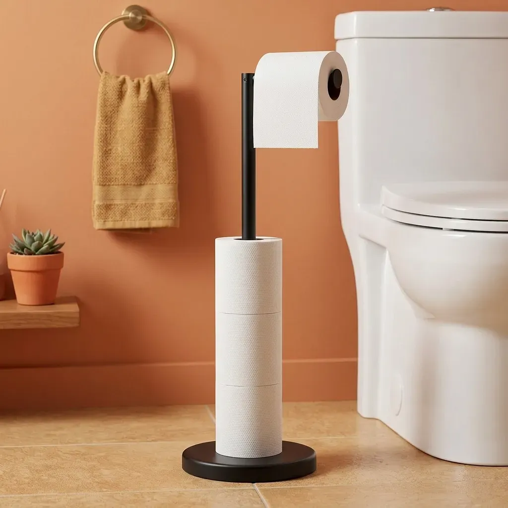 CARLA HOME Toilet Paper Holder Stand with Storage - Black - METAL - Bathroom view 2