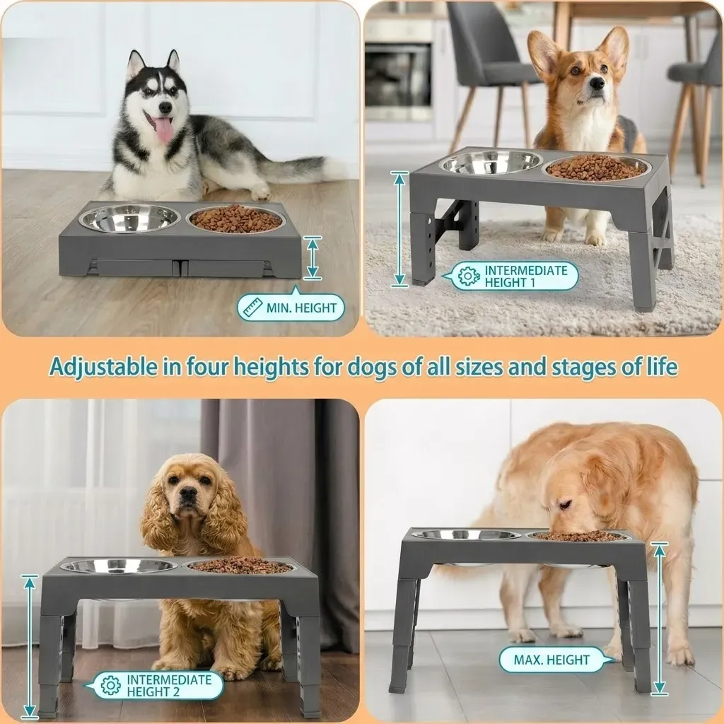 CARLA HOME Raised Dog Bowl Stand - 4 - Height Adjustable - Black - Pet Feeder view 3