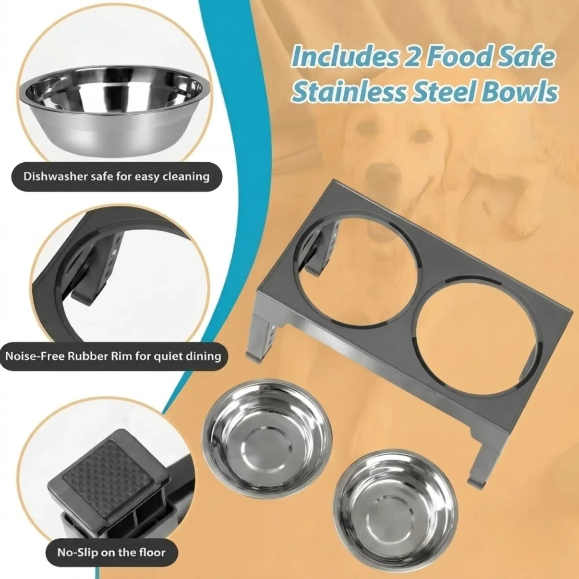CARLA HOME Raised Dog Bowl Stand - 4 - Height Adjustable - Black - Pet Feeder view 5