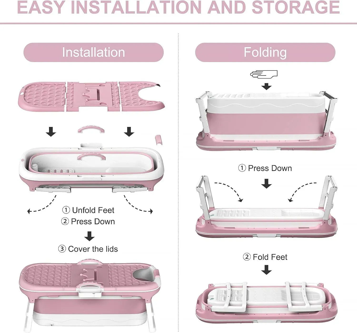 CARLA HOME Foldable Bathtub Adult - Collapsible Soaking Tub - Pink - Folding view 4
