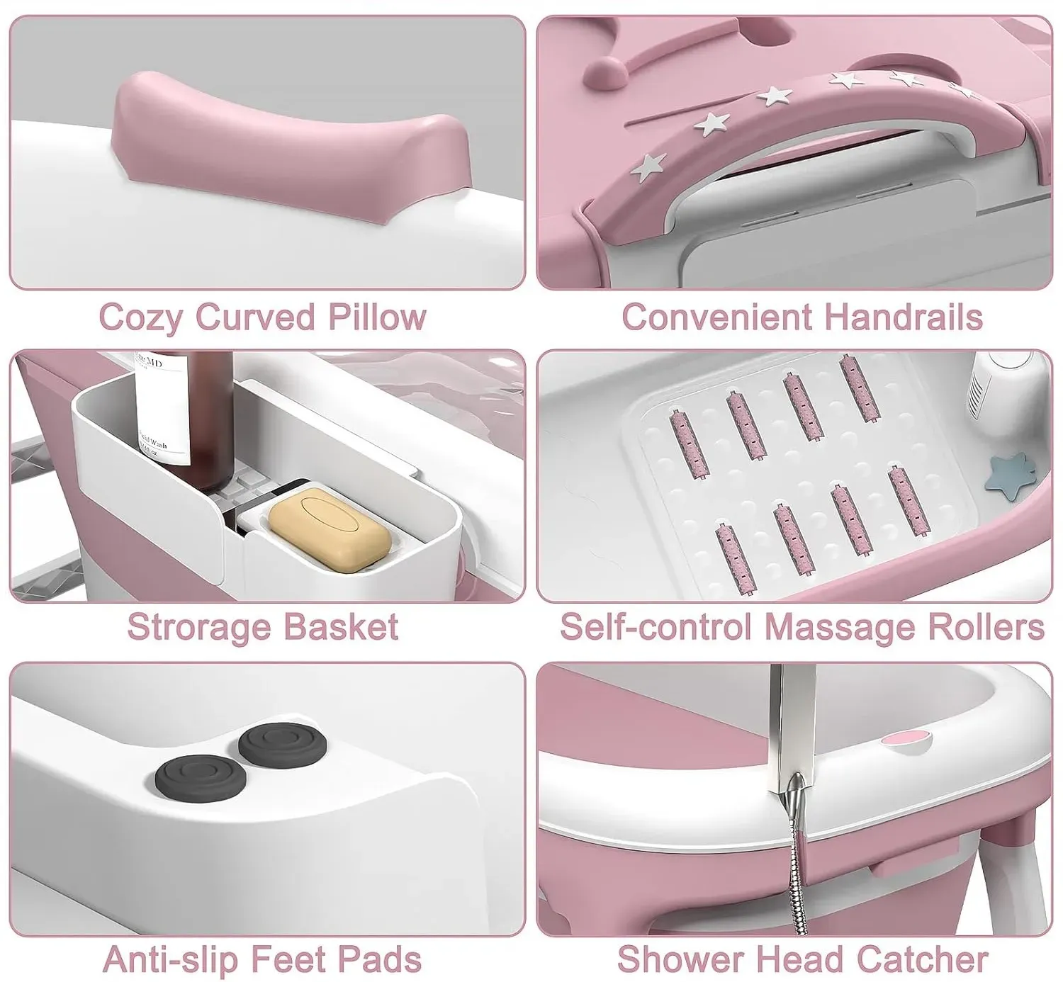 CARLA HOME Foldable Bathtub Adult - Collapsible Soaking Tub - Pink - Folding view 5