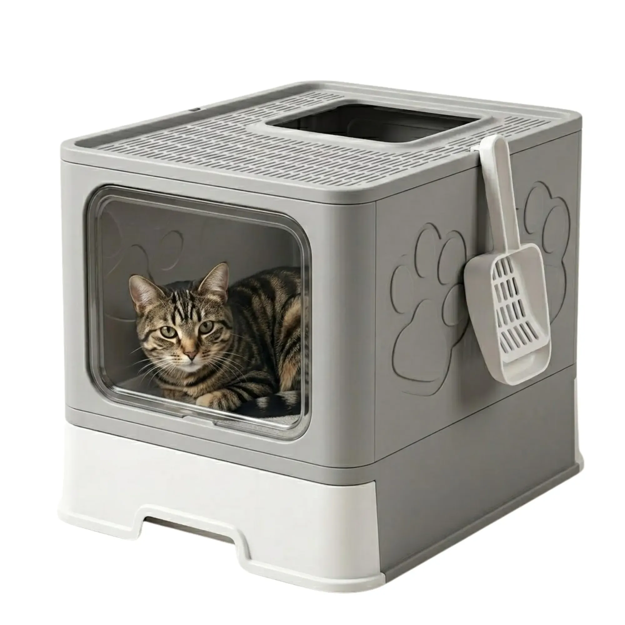 CARLA HOME Foldable Enclosed Cat Litter Box with Scoop - Grey - Plastic