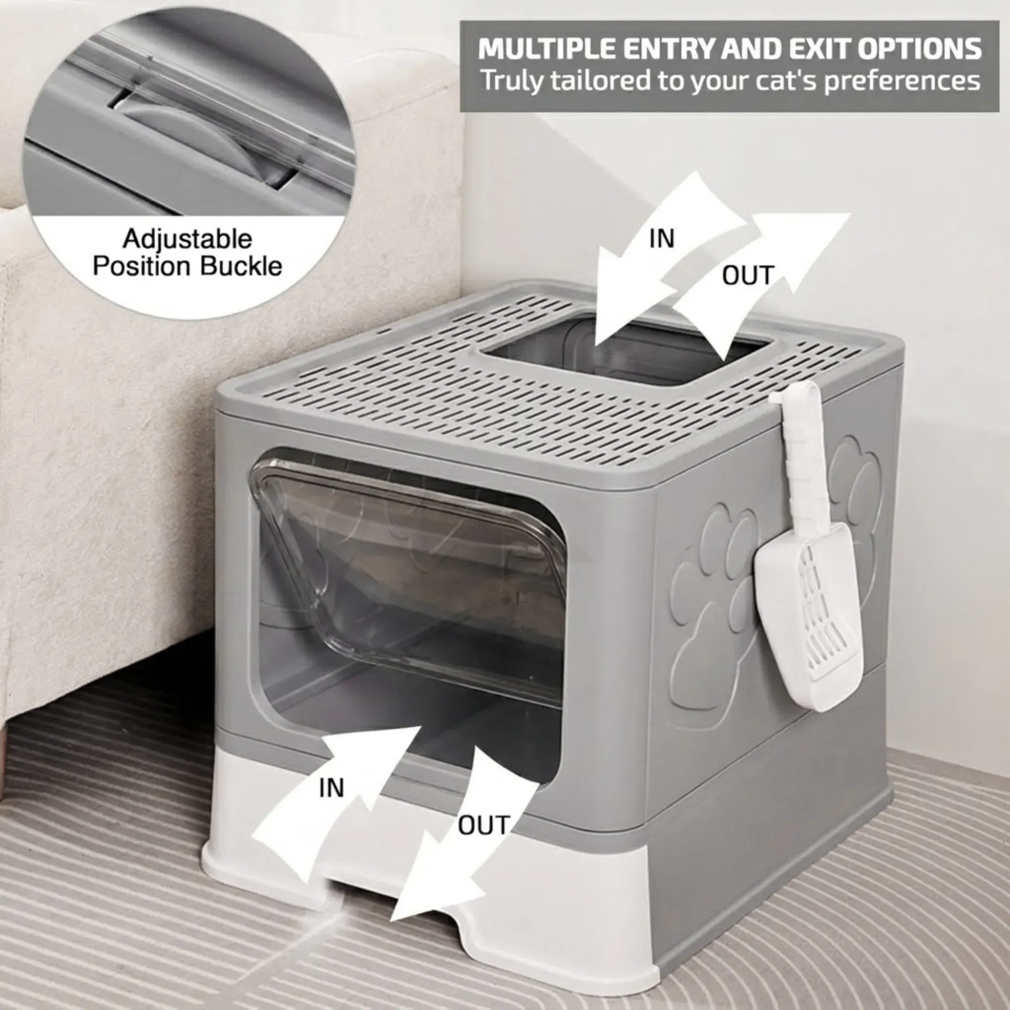 CARLA HOME Foldable Enclosed Cat Litter Box with Scoop - Grey - Plastic view 6