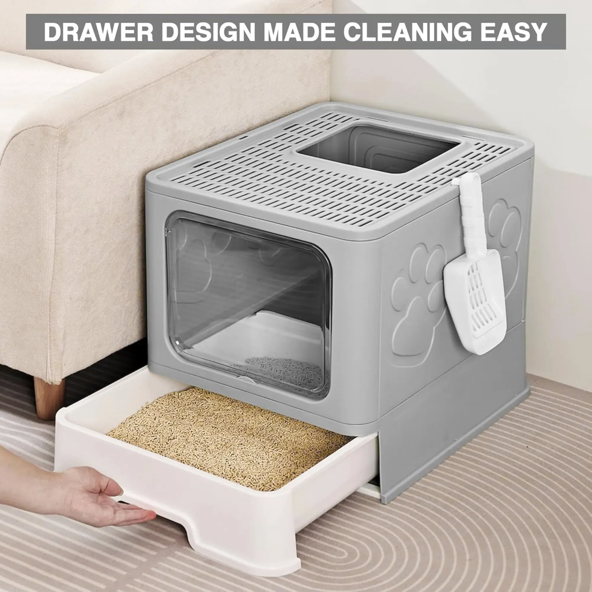 CARLA HOME Foldable Enclosed Cat Litter Box with Scoop - Grey - Plastic view 7