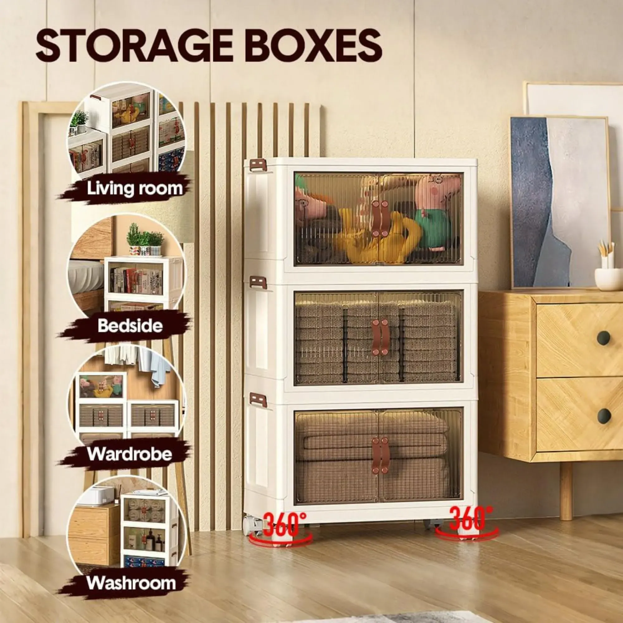 CARLA HOME 3 Tier Stackable Storage Cabinet with Wheels White - Storage Box view 3
