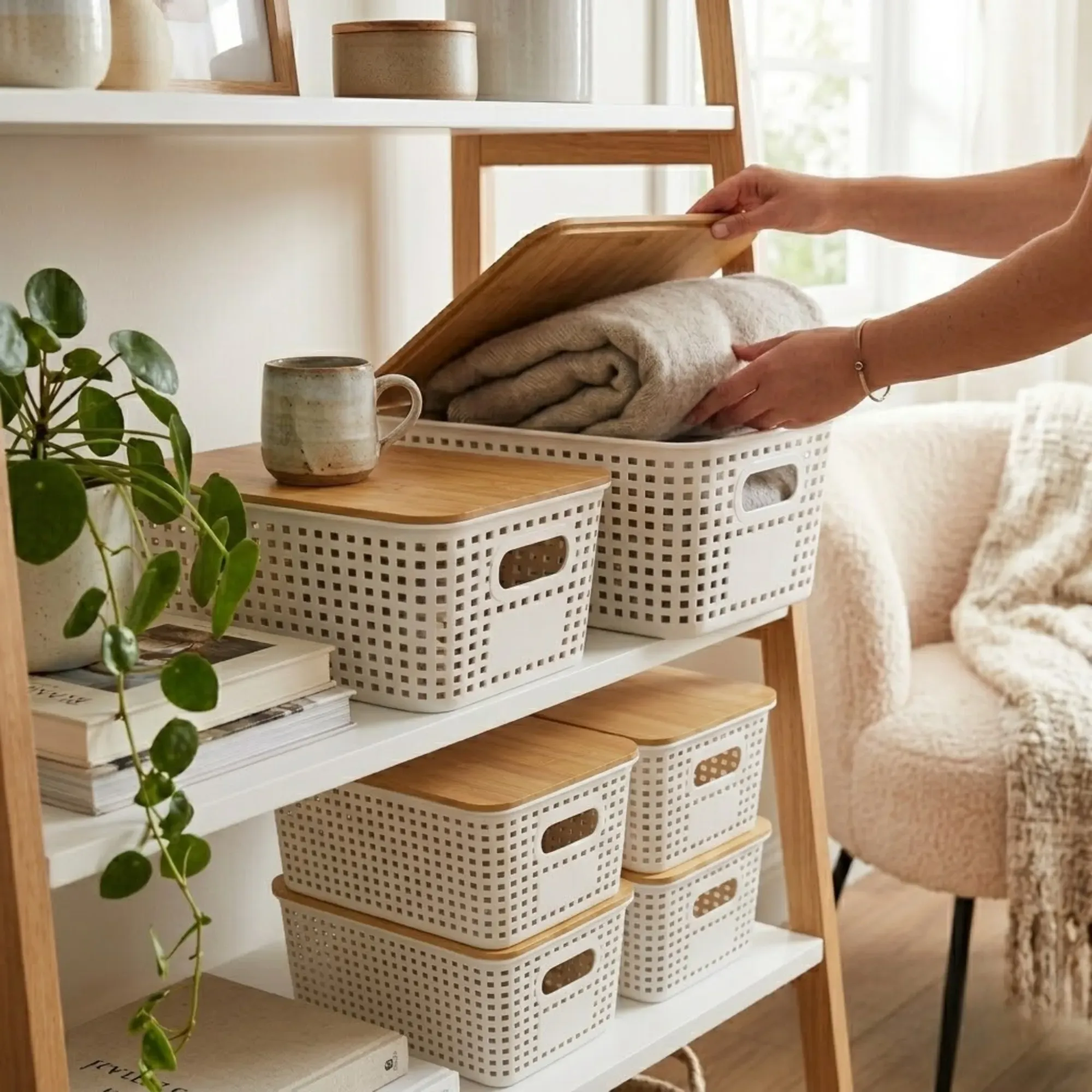 CARLA HOME Storage Bins with Bamboo Lids - 6 Pack - White - Plastic - Storage view 2