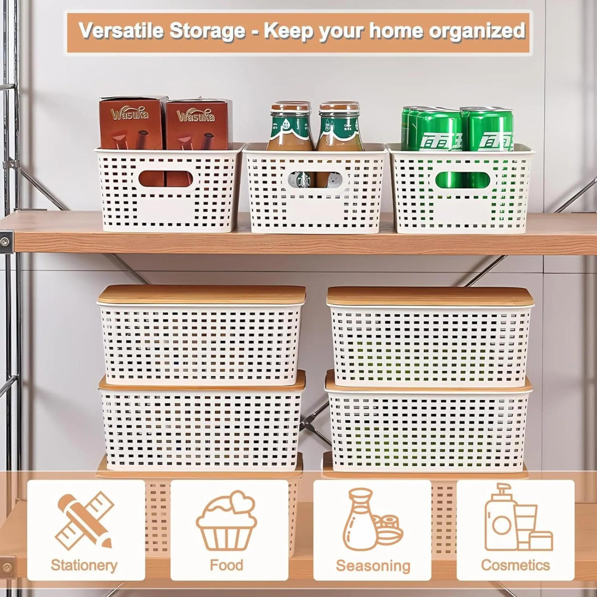 CARLA HOME Storage Bins with Bamboo Lids - 6 Pack - White - Plastic - Storage view 3