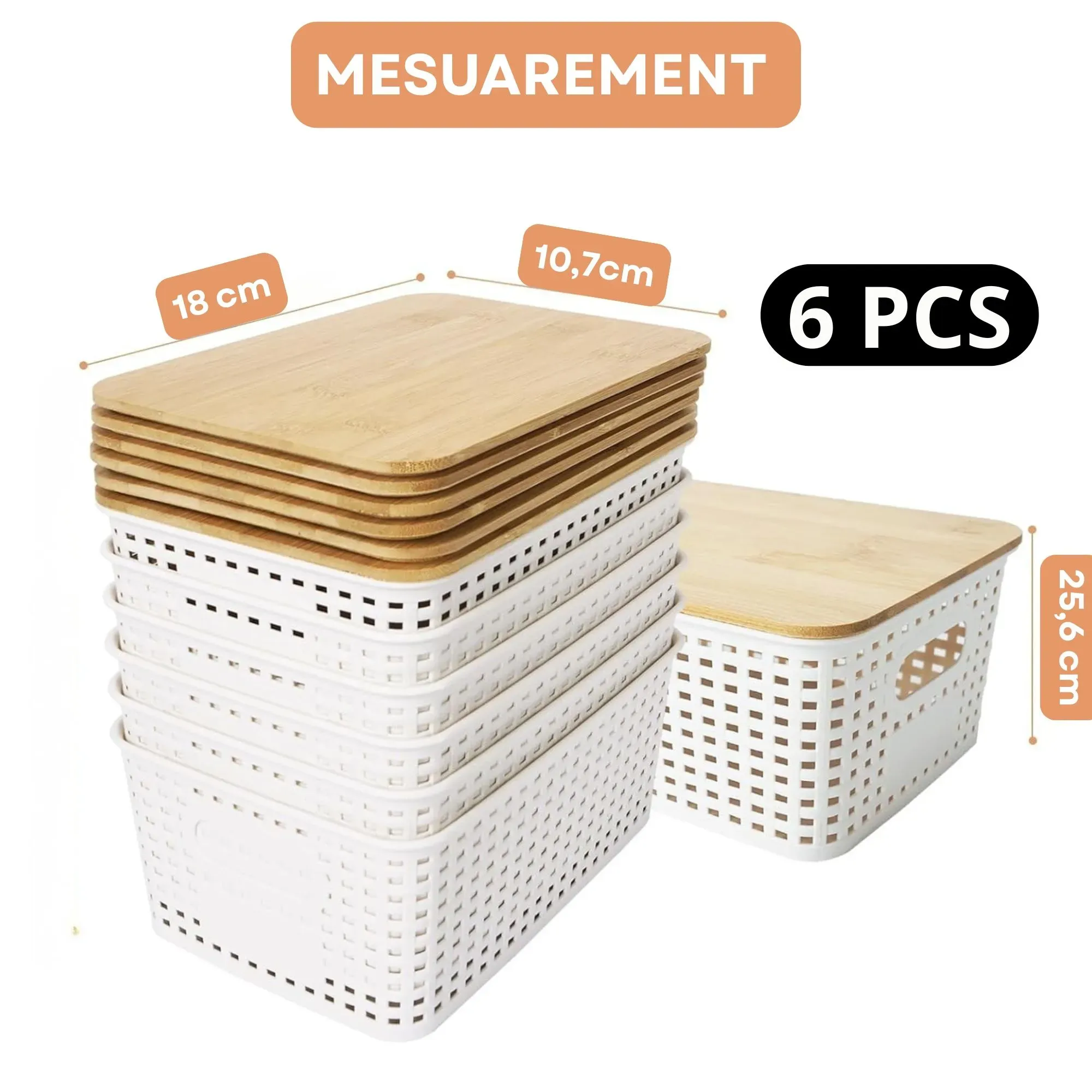 CARLA HOME Storage Bins with Bamboo Lids - 6 Pack - White - Plastic - Storage view 4
