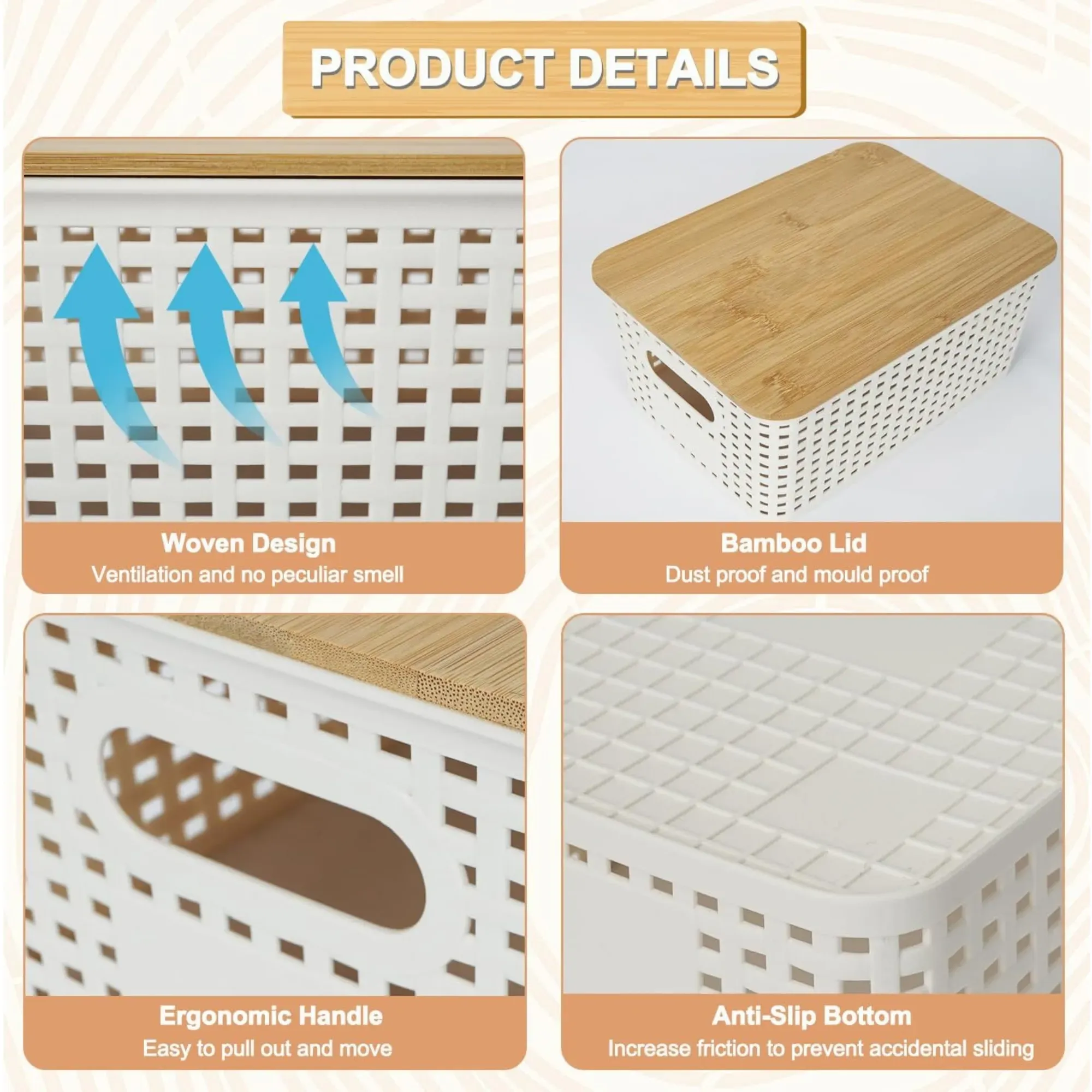 CARLA HOME Storage Bins with Bamboo Lids - 6 Pack - White - Plastic - Storage view 6