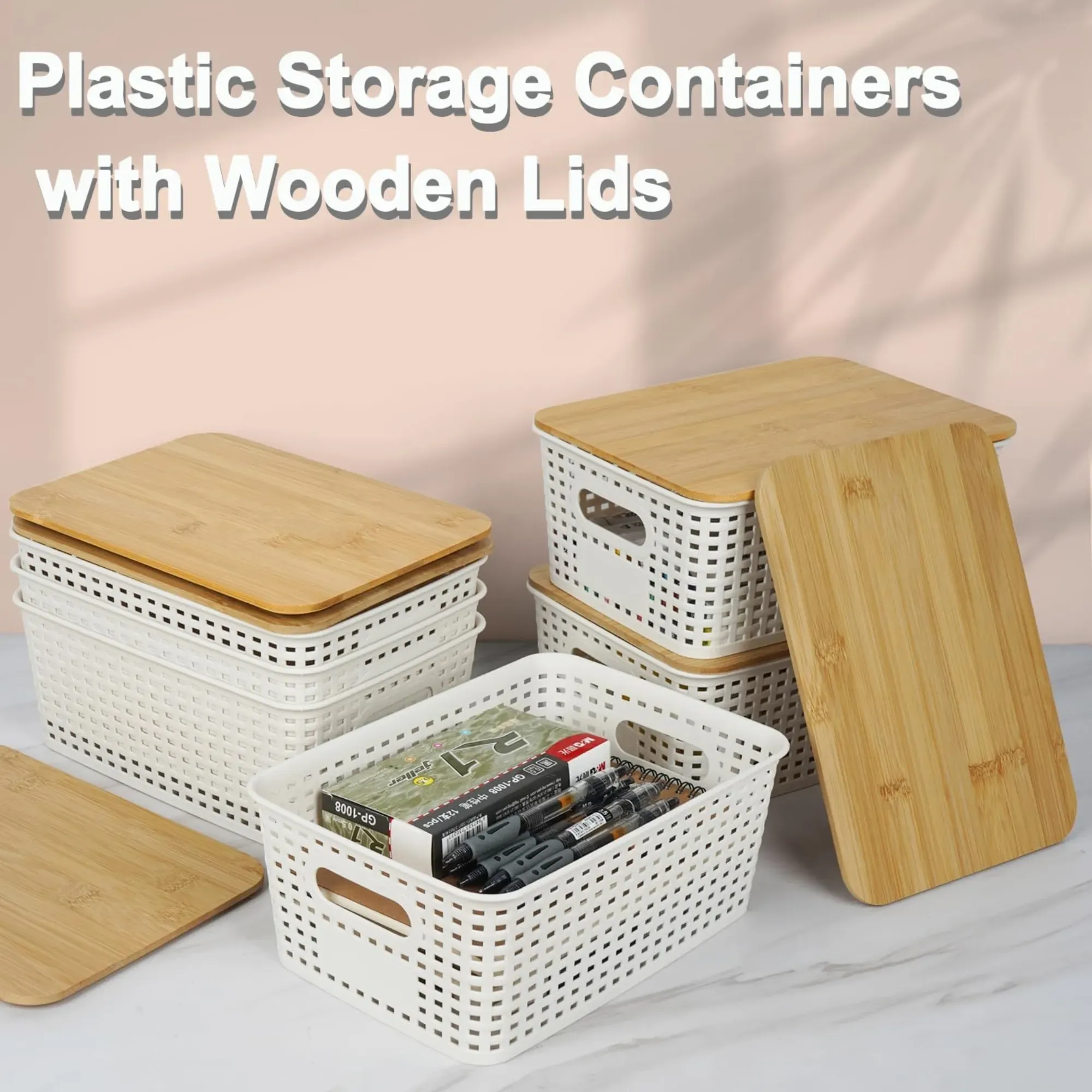 CARLA HOME Storage Bins with Bamboo Lids - 6 Pack - White - Plastic - Storage view 7