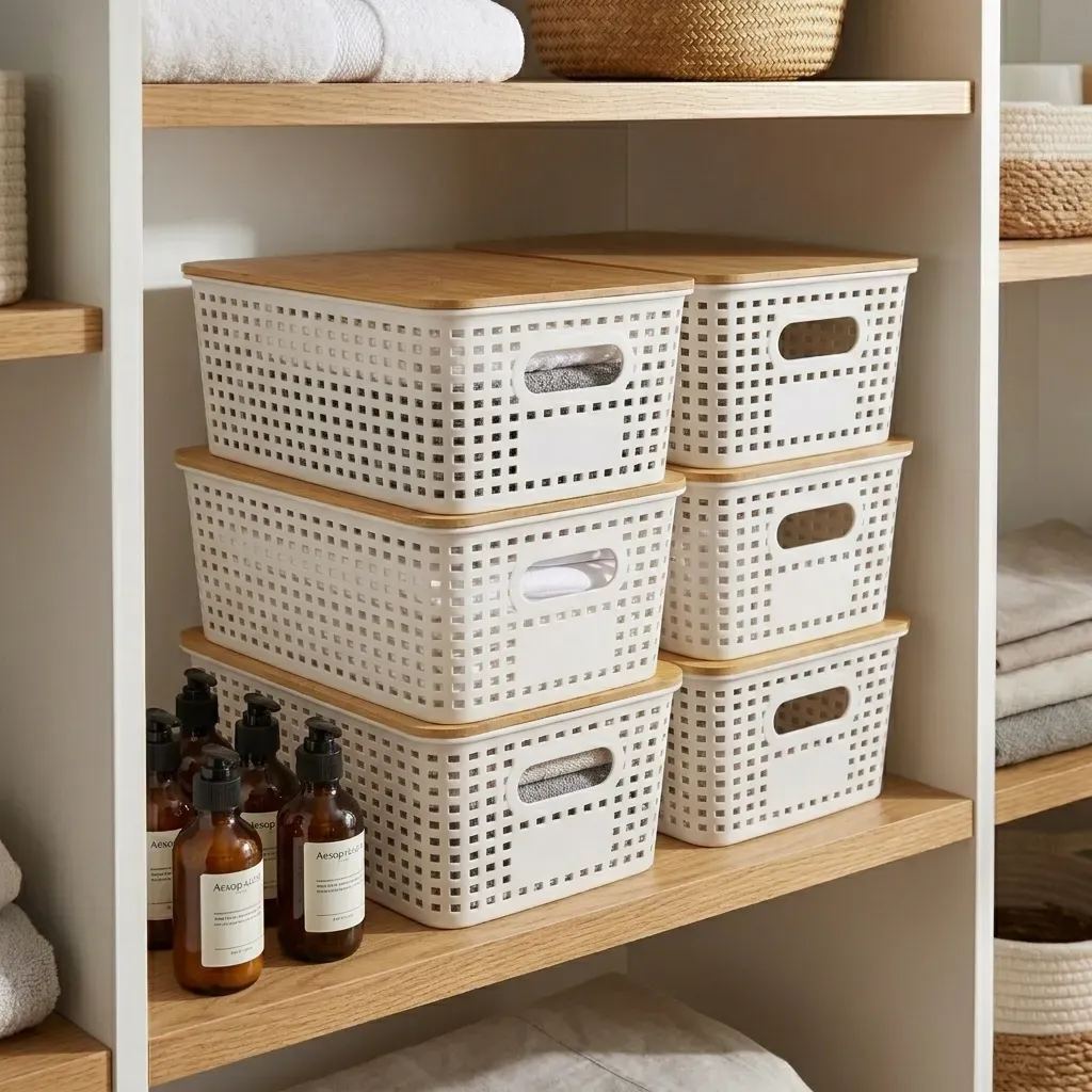 CARLA HOME Storage Bins with Bamboo Lids - 6 Pack - White - Plastic - Storage view 9