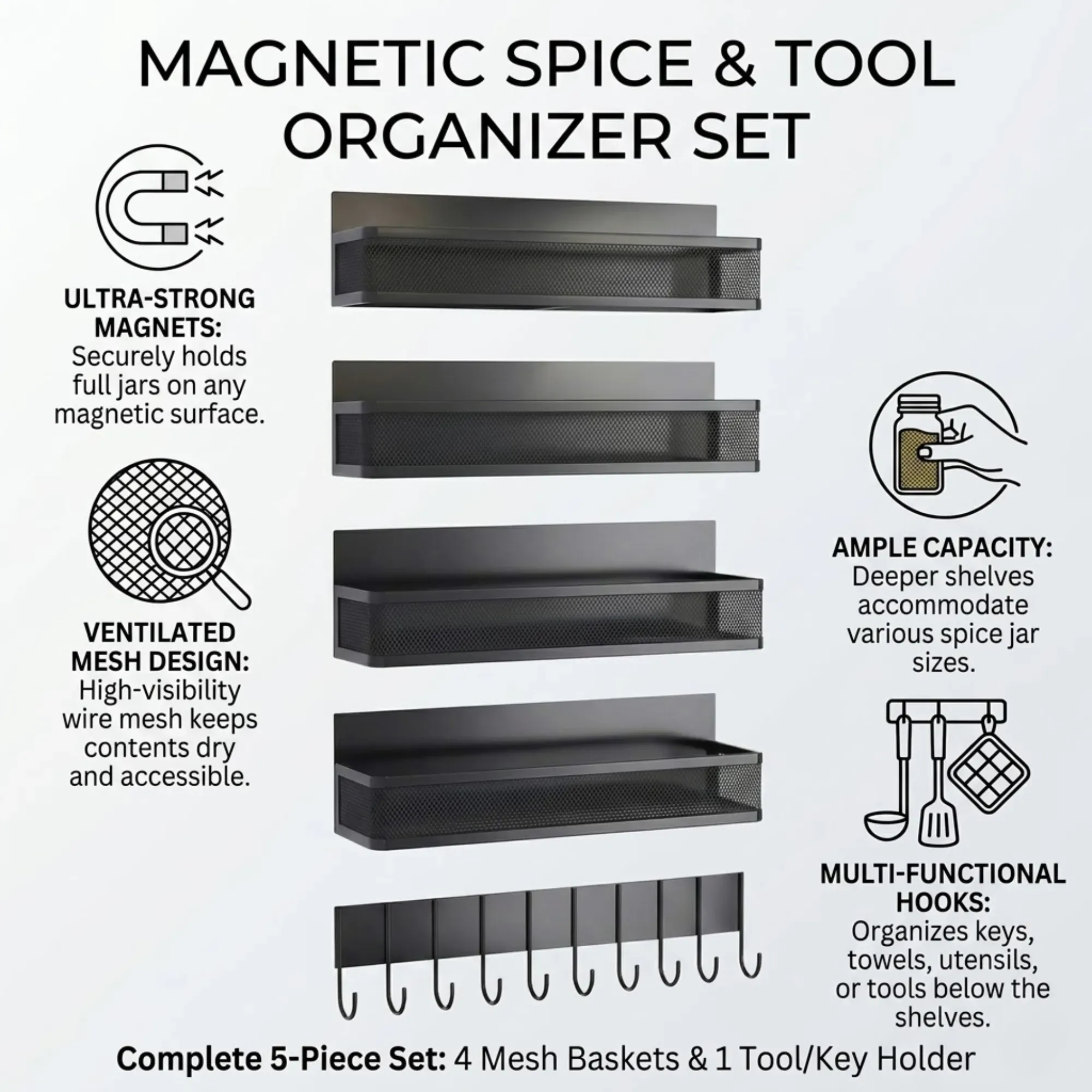 CARLA HOME 5 Pack Magnetic Spice Rack for Fridge Kitchen with Hook Bar view 3