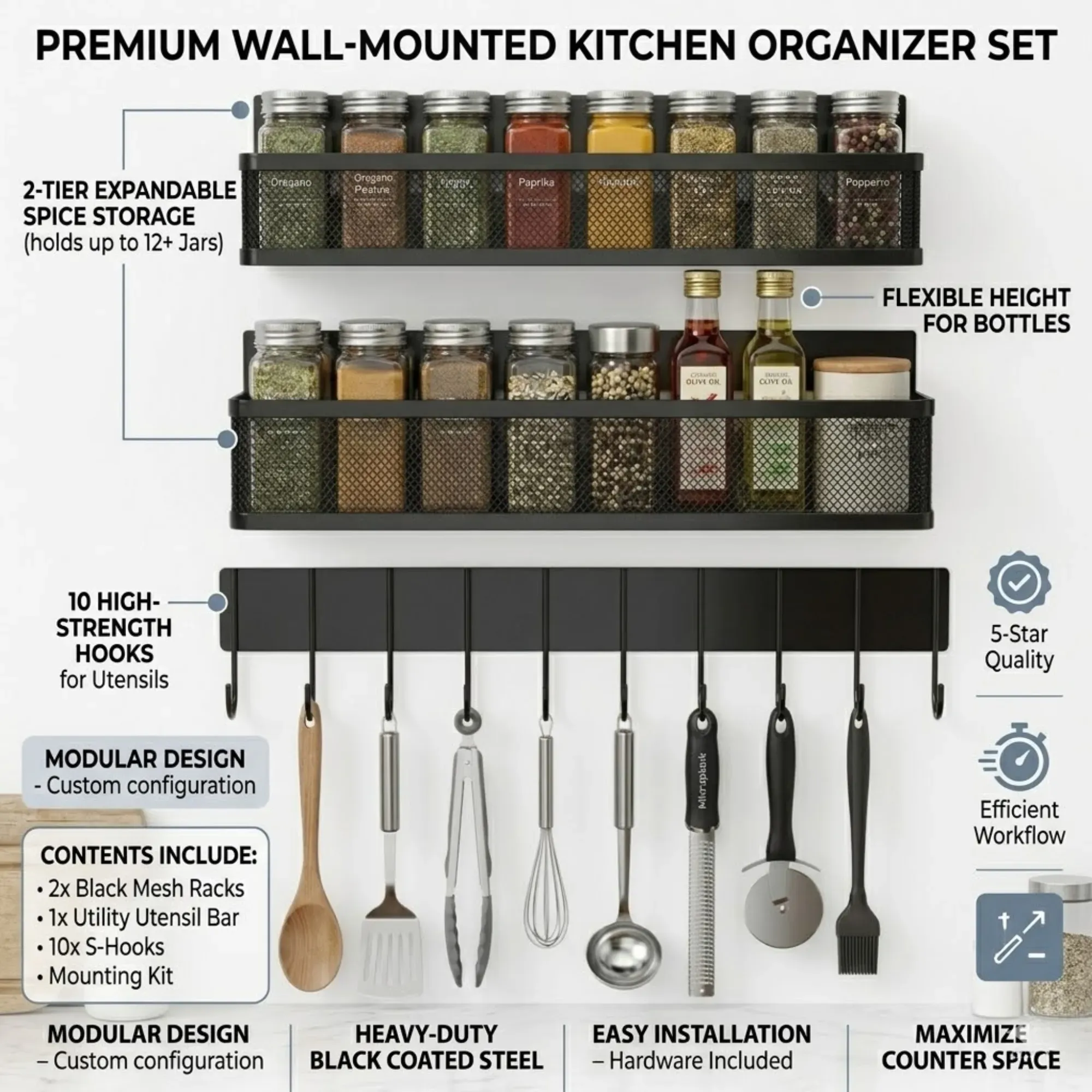 CARLA HOME 3 Pack Magnetic Spice Rack for Fridge Kitchen with Hook Bar view 3
