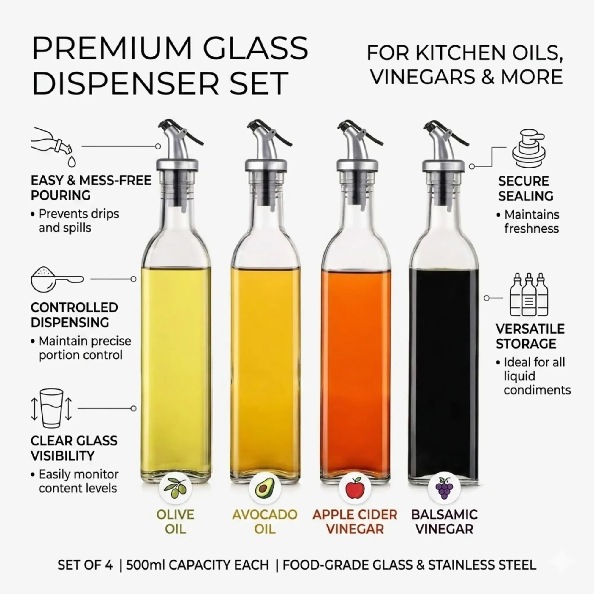 CARLA HOME 4 Pack Glass Oil Dispenser Bottle 500ml Transparent Kitchen view 3
