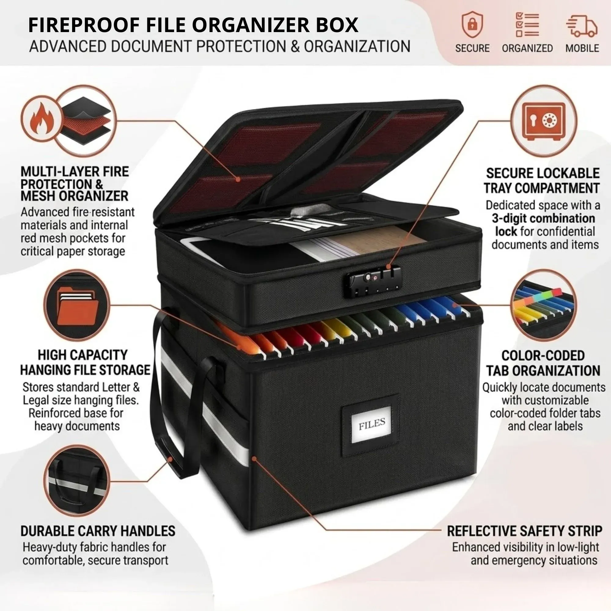 CARLA HOME Fireproof Document Box with Lock - Fabric - Office - Fireproof view 3