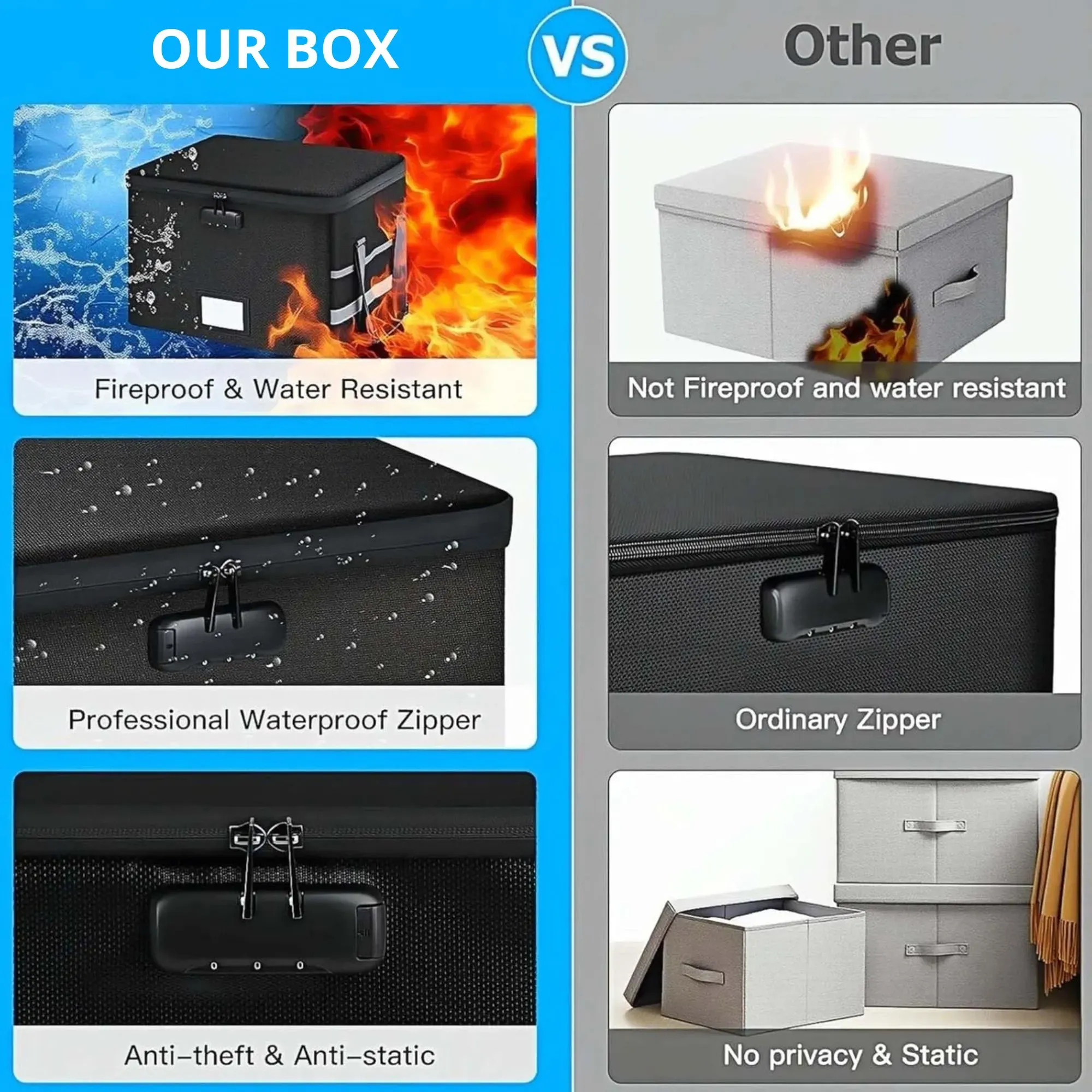 CARLA HOME Fireproof Document Box with Lock - Collapsible Black - Glass Fiber view 5