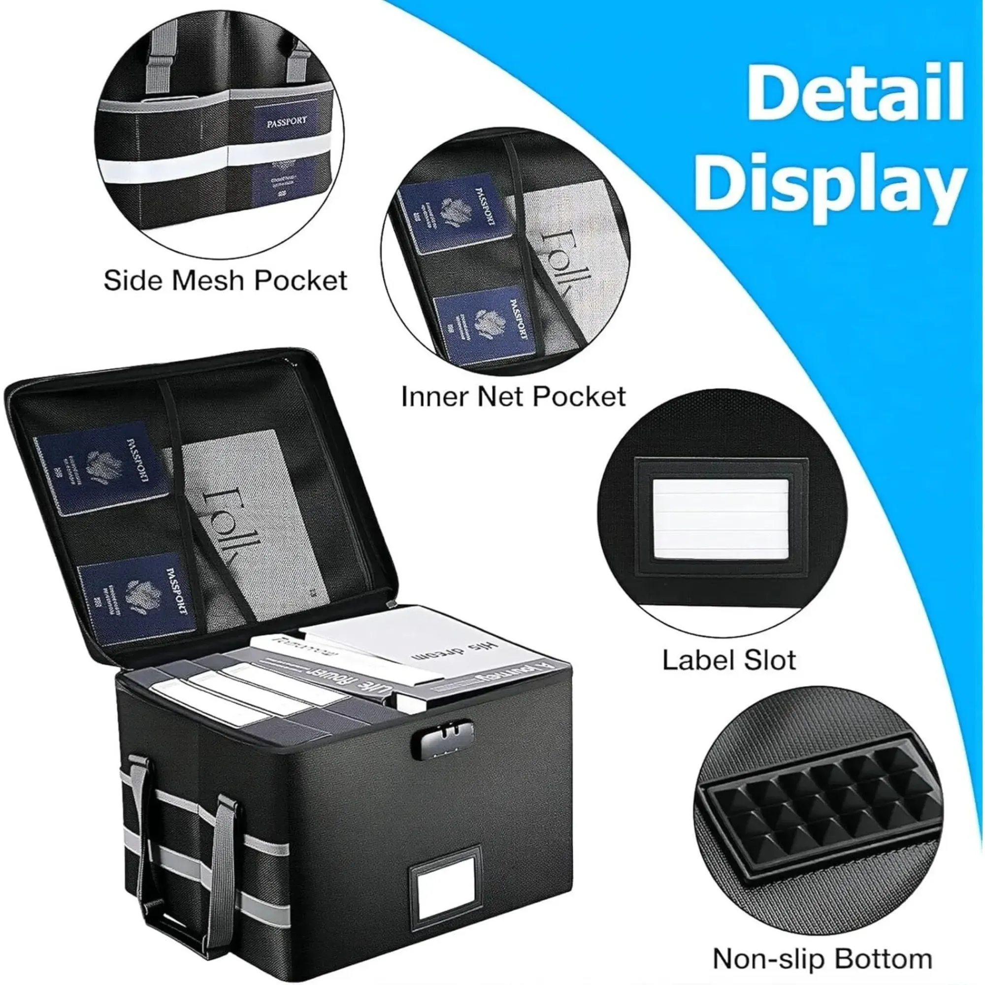 CARLA HOME Fireproof Document Box with Lock - Collapsible Black - Glass Fiber view 6