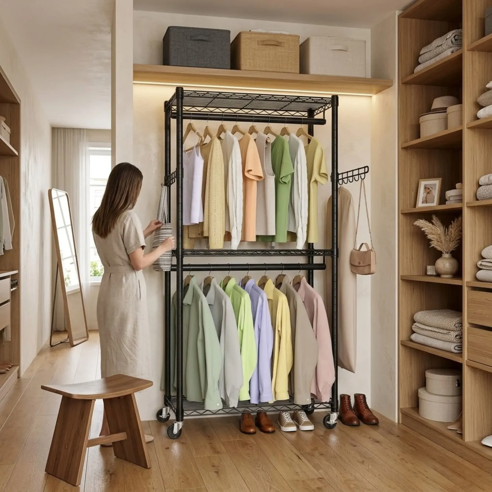CARLA HOME Double Rail Garment Rack with Shelves - Rolling - Portable Wardrobe view 2