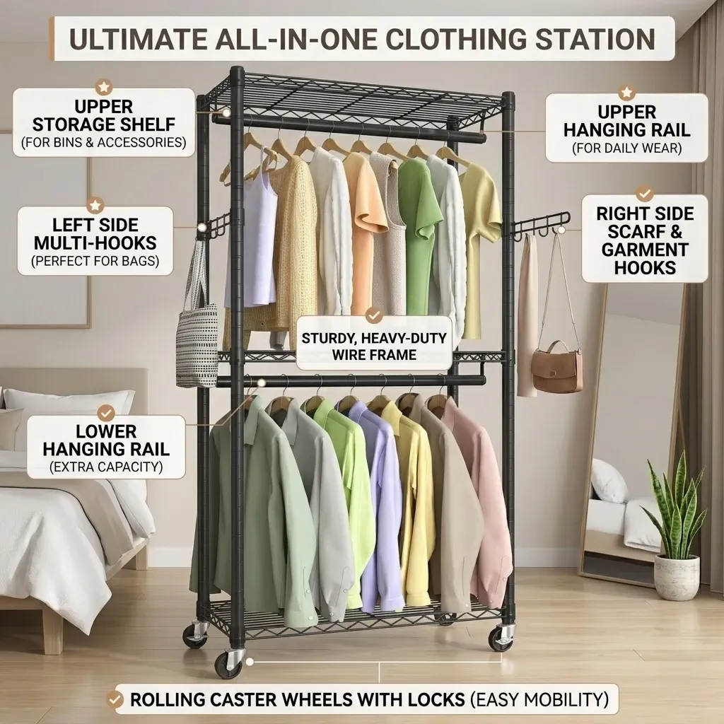CARLA HOME Double Rail Garment Rack with Shelves - Rolling - Portable Wardrobe view 3