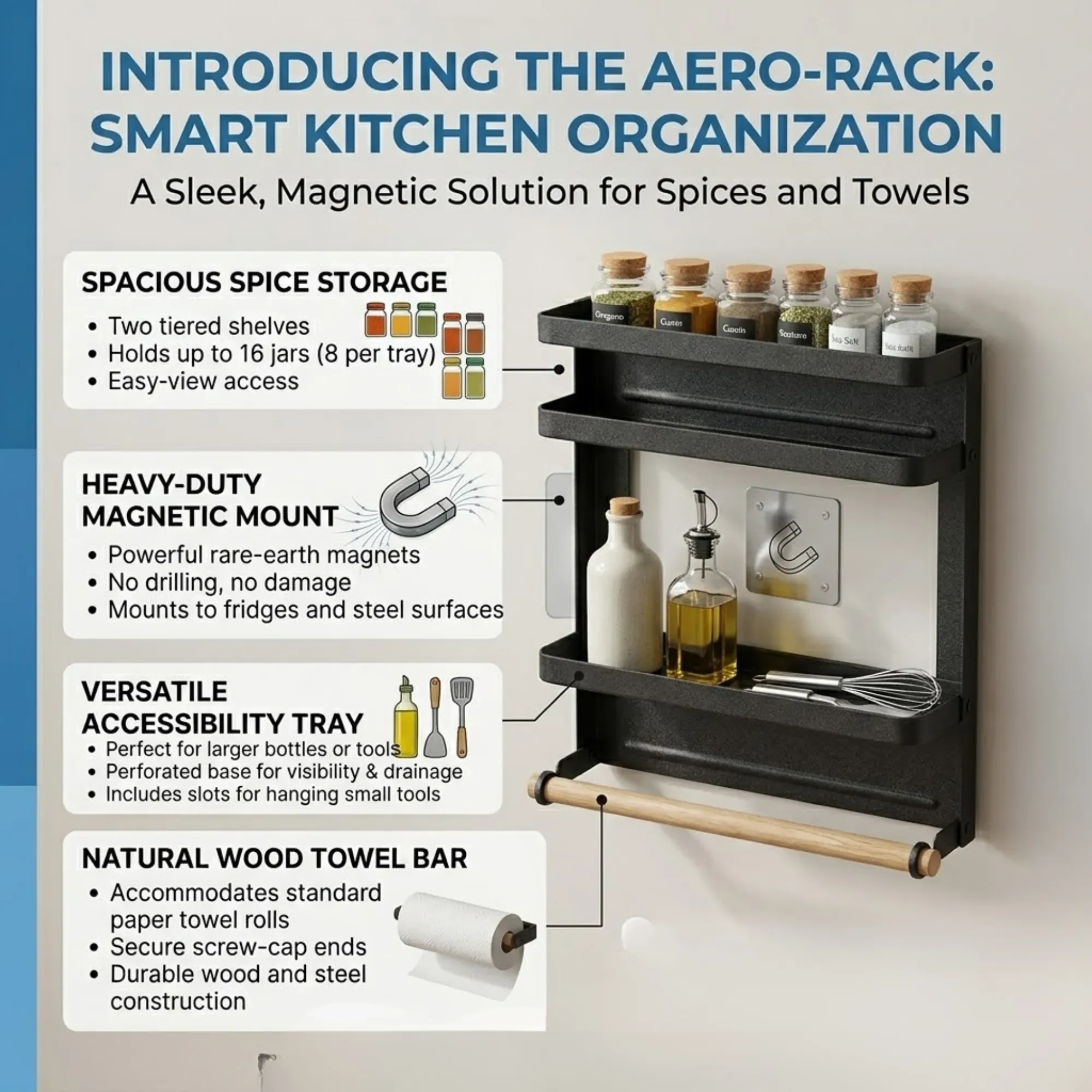 CARLA HOME Magnetic Refrigerator Spice Rack - 2 Tier Fridge Organiser - Black view 3