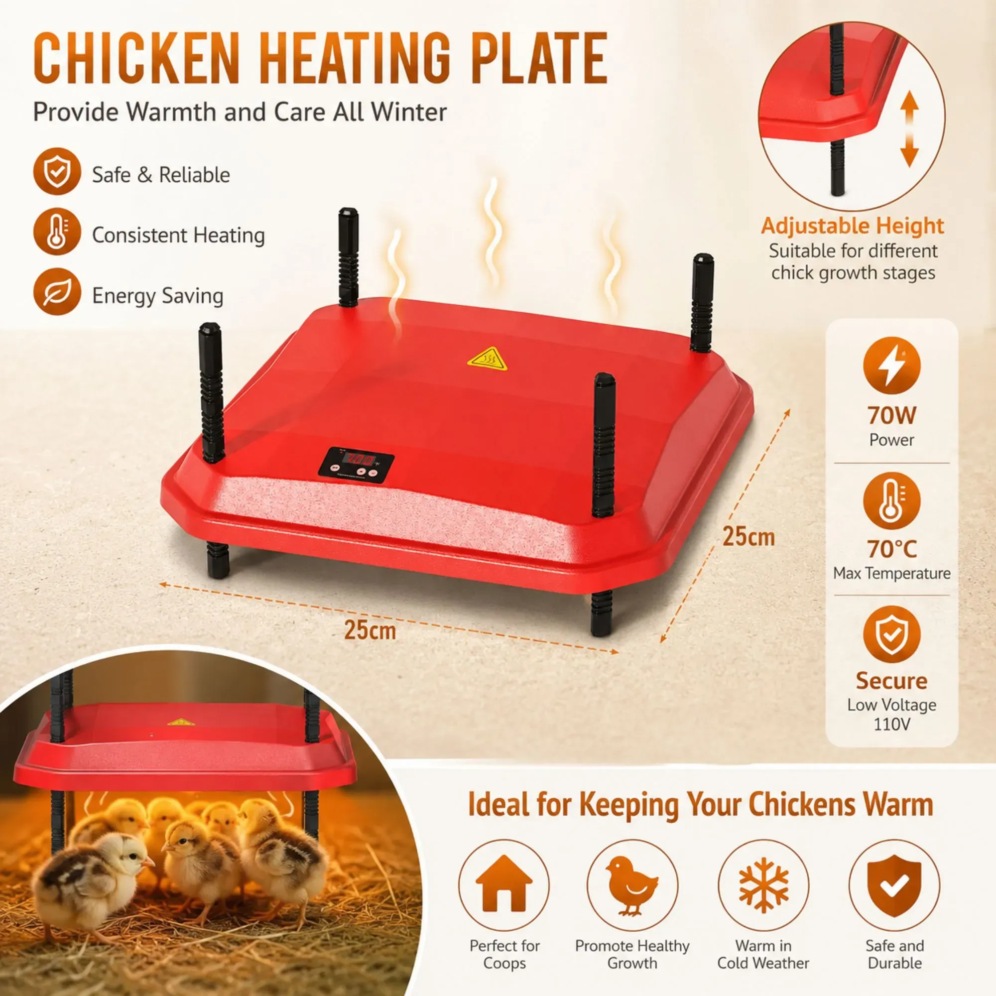 CARLA HOME Chick Brooder Heating Plate - Adjustable Height - Red - Chicken Heater view 3