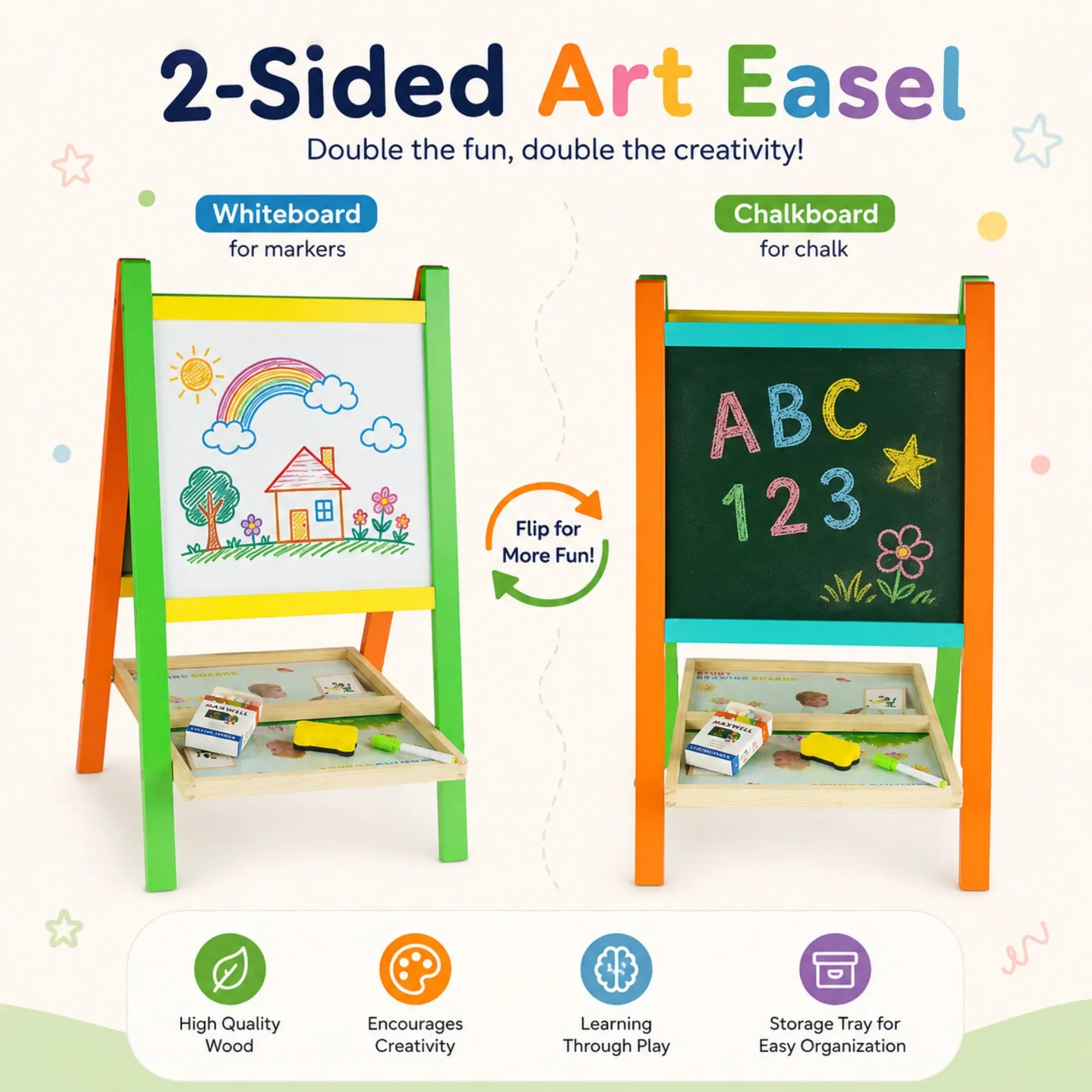 CARLA HOME Kids Art Easel, Double-Sided Chalkboard Whiteboard, Multicolour view 4