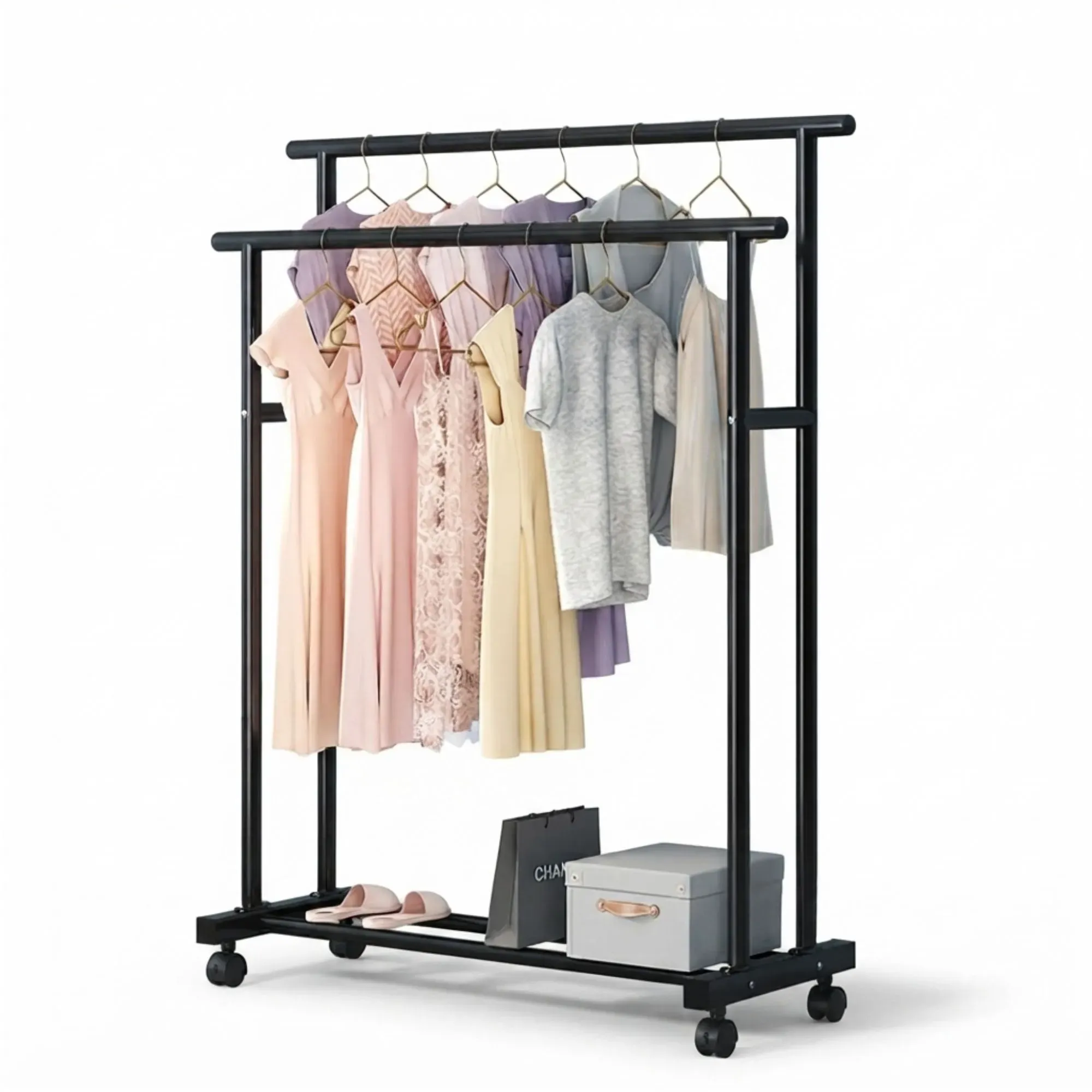 CARLA HOME Double Rod Clothes Rack with Wheels, Metal, Portable Wardrobe Rack — image 1