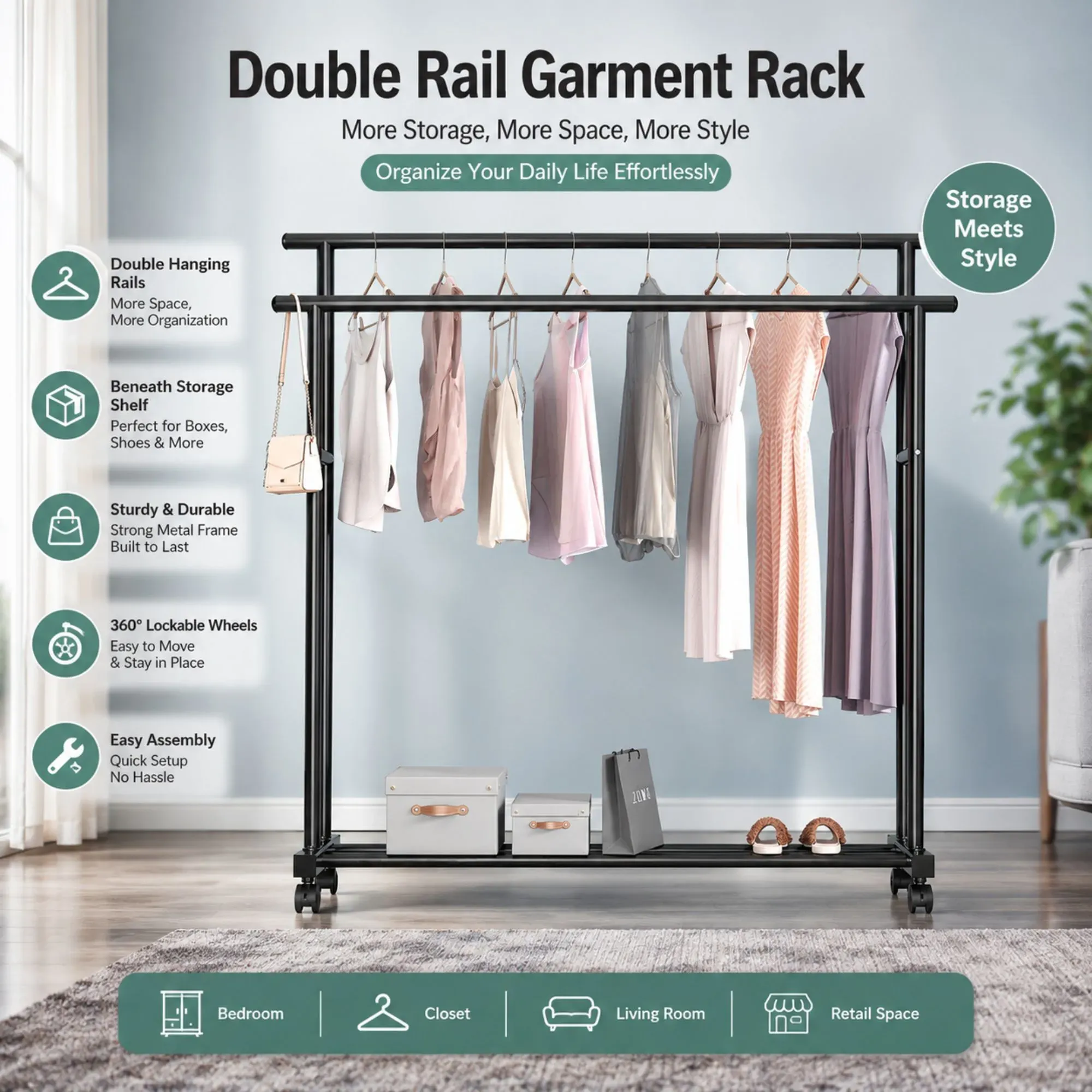CARLA HOME Double Rod Clothes Rack with Wheels, Metal, Portable Wardrobe Rack view 3