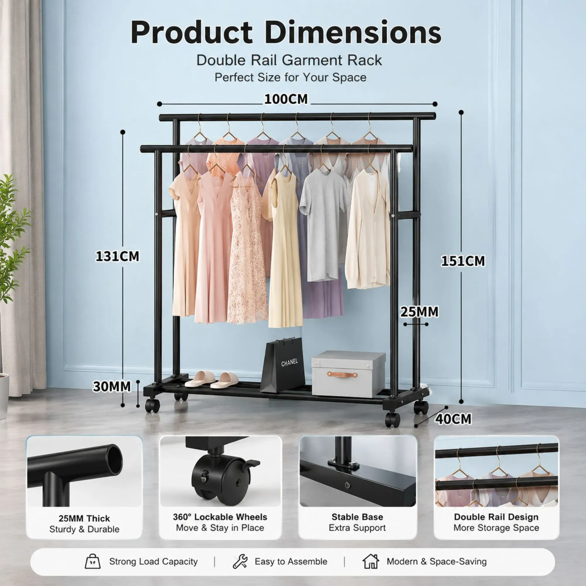 CARLA HOME Double Rod Clothes Rack with Wheels, Metal, Portable Wardrobe Rack view 4