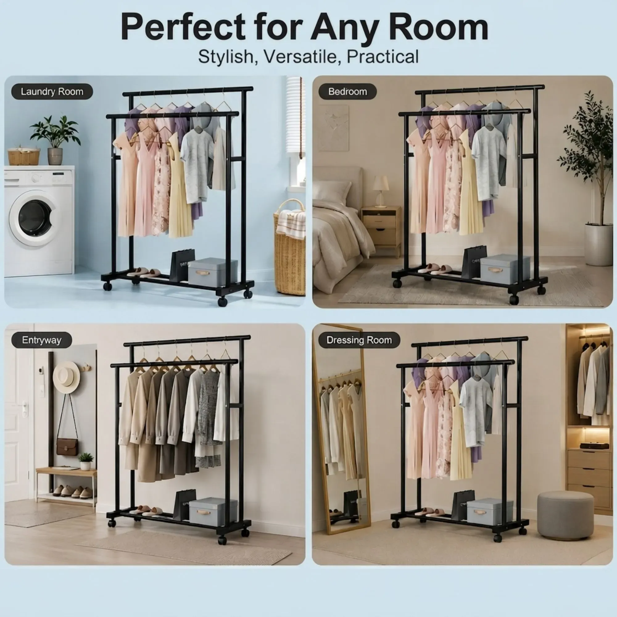 CARLA HOME Double Rod Clothes Rack with Wheels, Metal, Portable Wardrobe Rack view 7