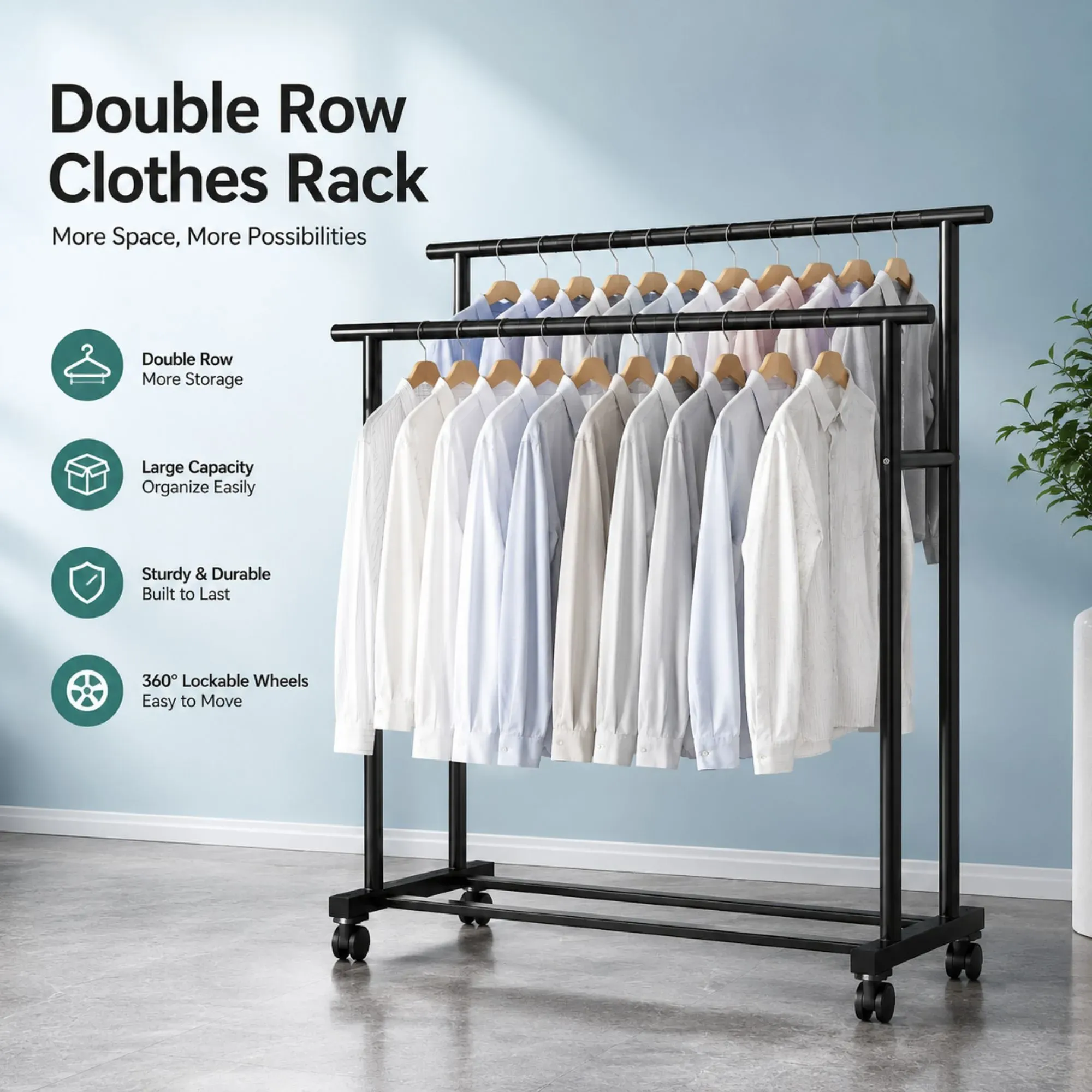 CARLA HOME Double Rod Clothes Rack with Wheels, Metal, Portable Wardrobe Rack view 8