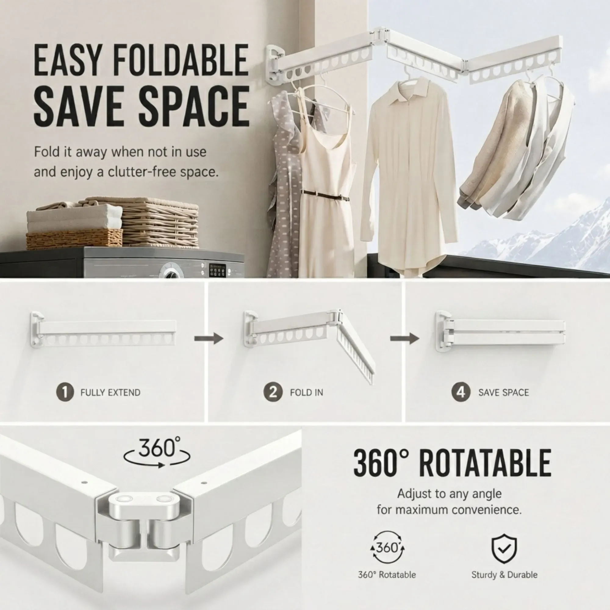 CARLA HOME 3-Fold Wall Mounted Clothes Drying Rack, Laundry Space Saver, White view 4