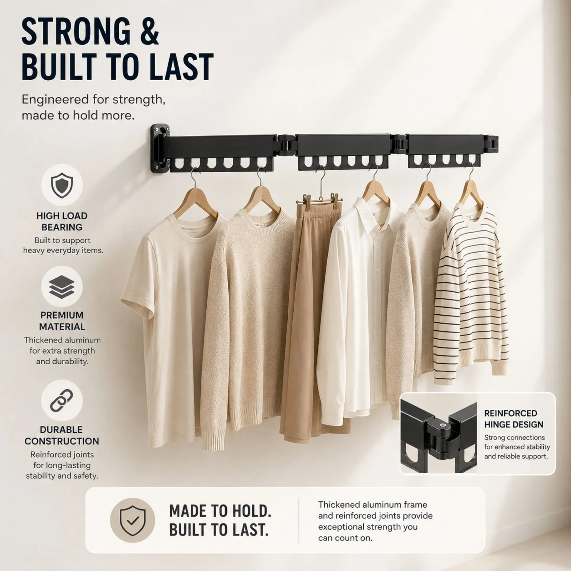 CARLA HOME 3-Fold Wall Mounted Clothes Drying Rack, Laundry Space Saver, Black view 7