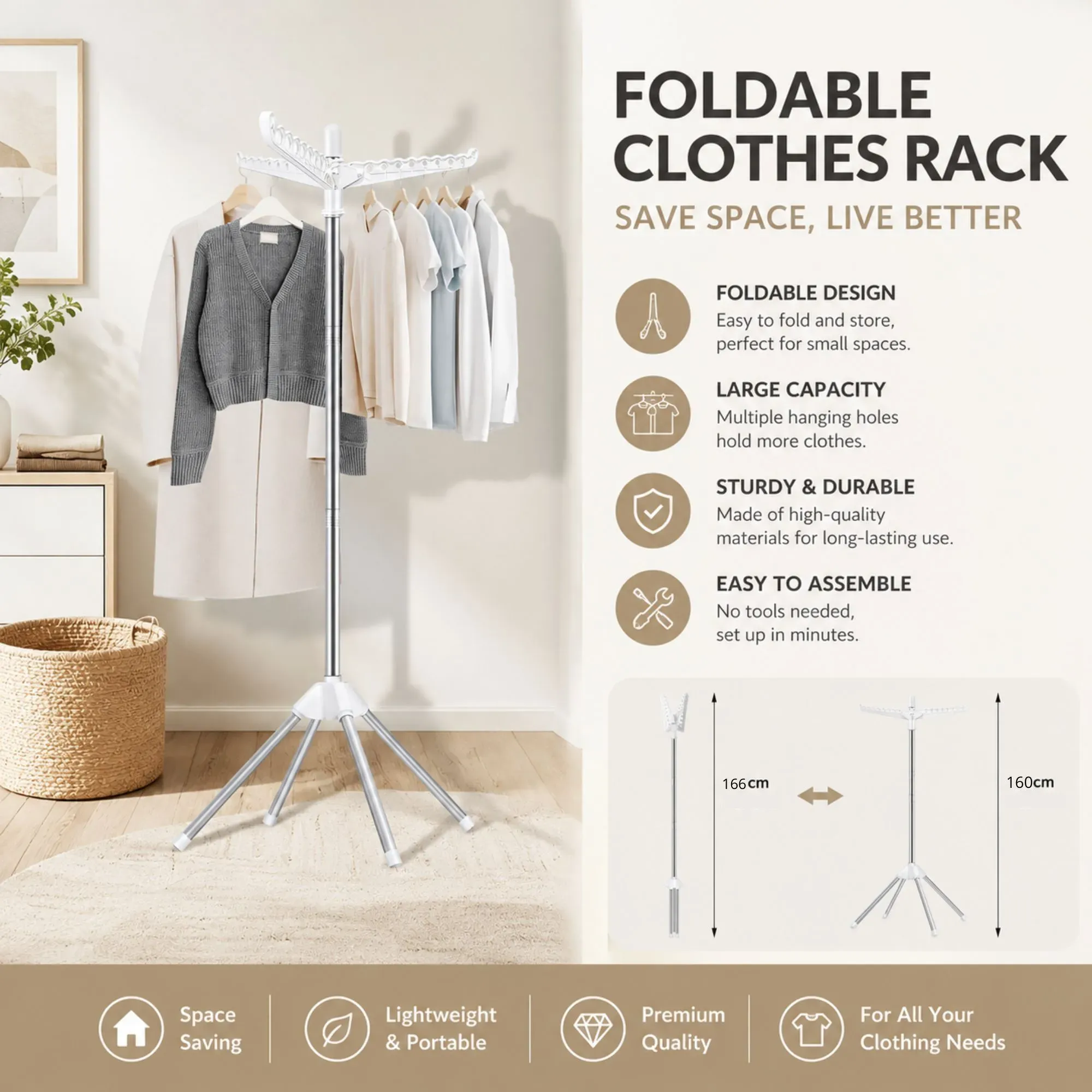 CARLA HOME Folding Clothes Drying Rack, 3 Rotatable Arms, Stainless Steel view 3