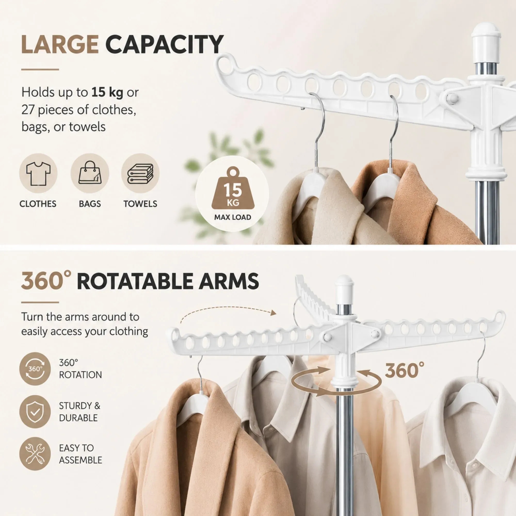 CARLA HOME Folding Clothes Drying Rack, 3 Rotatable Arms, Stainless Steel view 5