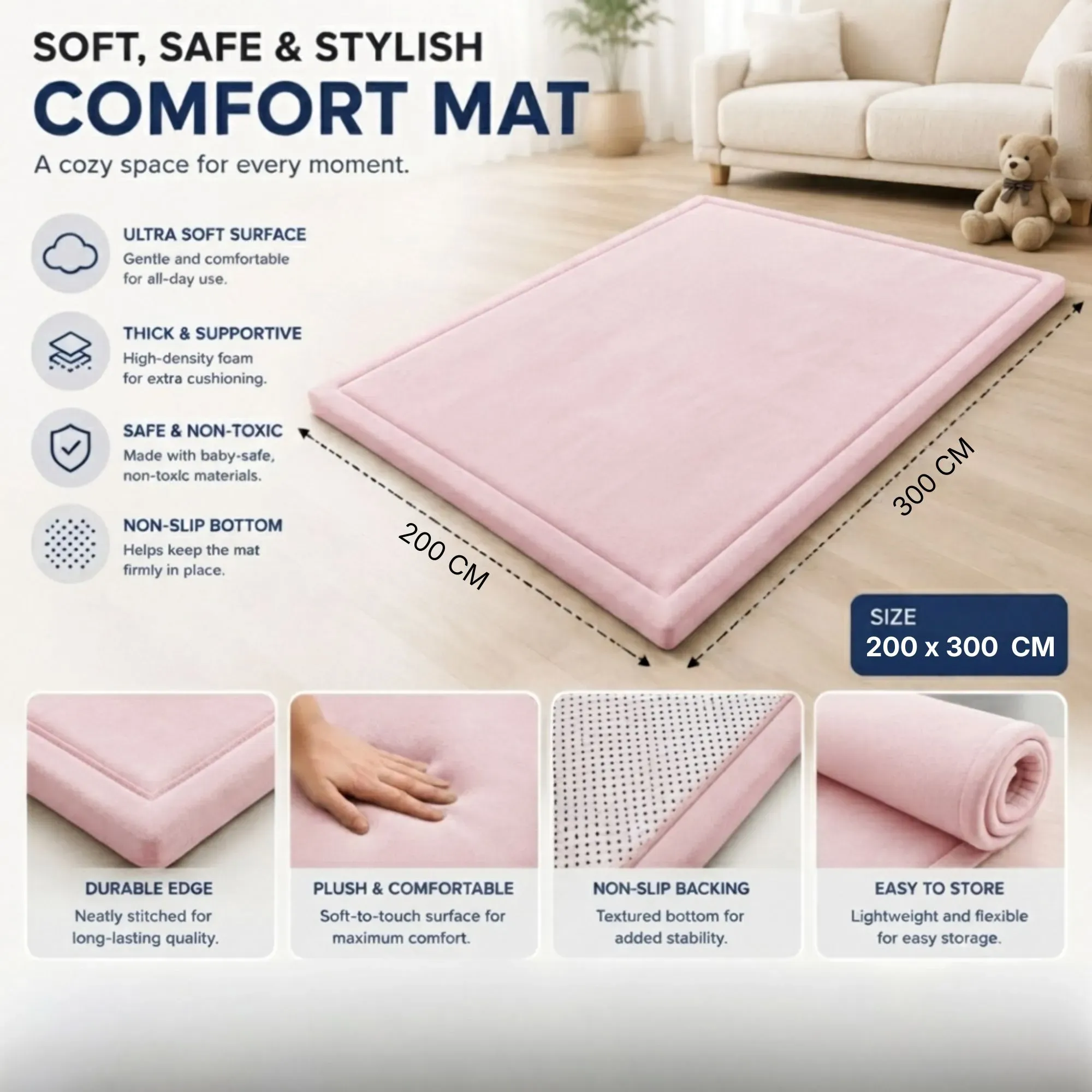 CARLA HOME Baby Play Mat 200x300cm, Thick Foam Crawling Mat, Infants, Pink view 4