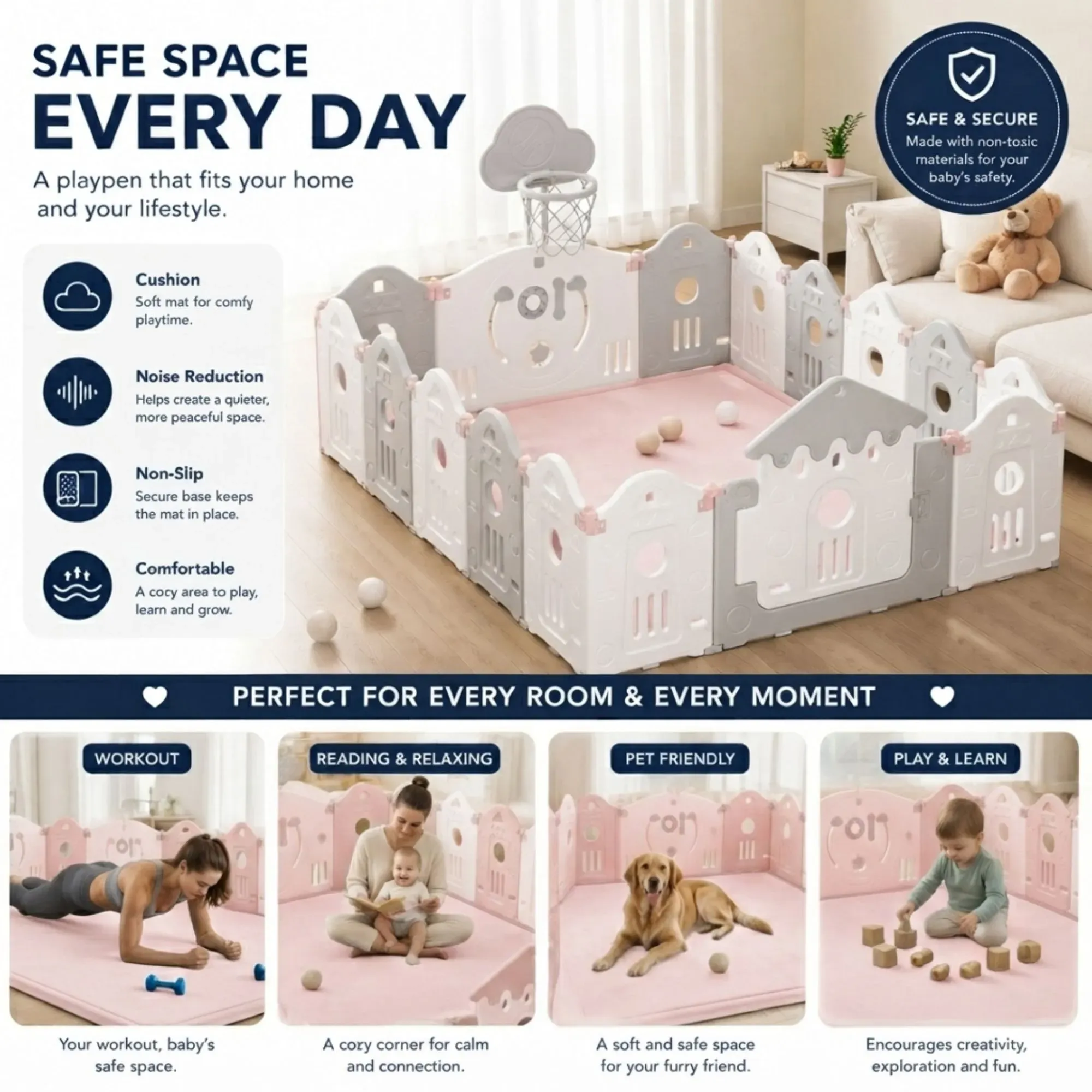 CARLA HOME Baby Play Mat 200x300cm, Thick Foam Crawling Mat, Infants, Pink view 5