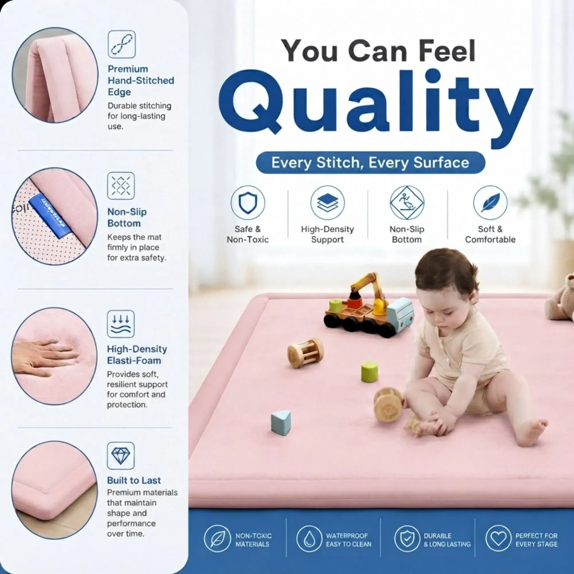 CARLA HOME Baby Play Mat 200x300cm, Thick Foam Crawling Mat, Infants, Pink view 6
