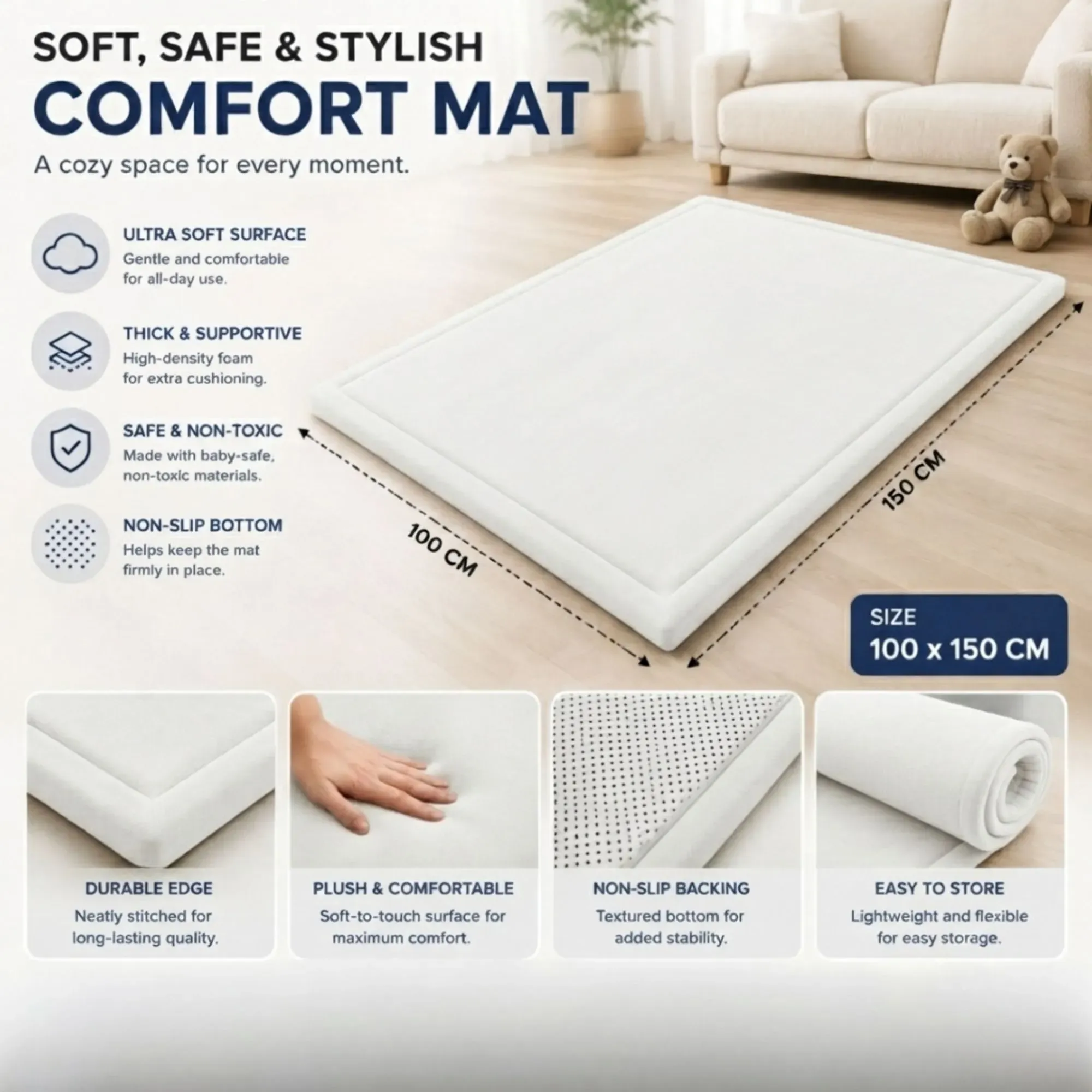 CARLA HOME Baby Play Mat 100x150cm, Thick Foam Crawling Mat, Infants, White view 4