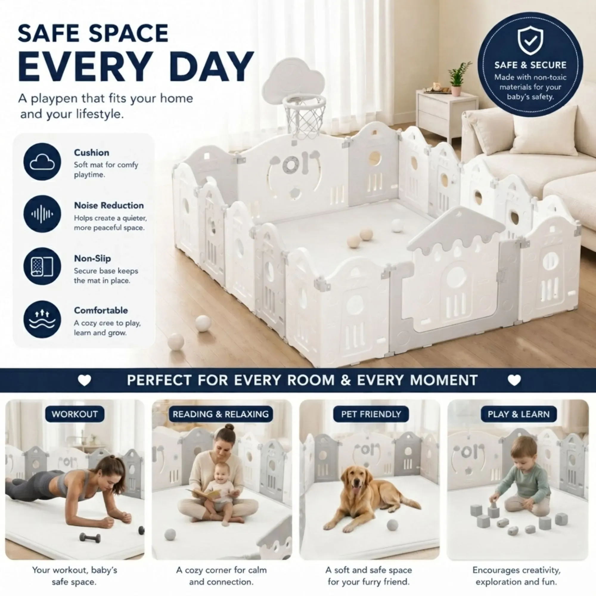 CARLA HOME Baby Play Mat 100x150cm, Thick Foam Crawling Mat, Infants, White view 5